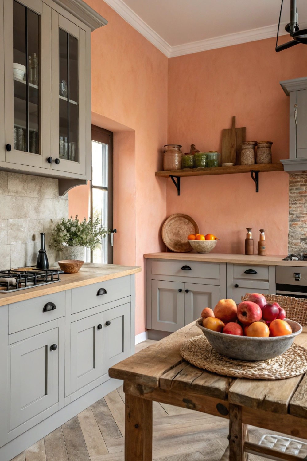 A kitchen with warm peach walls, soft gray cabinetry, and touches of matte black hardware for contrast. A rustic wooden table sits in the center, with a bowl of fresh peaches adding a pop of color.