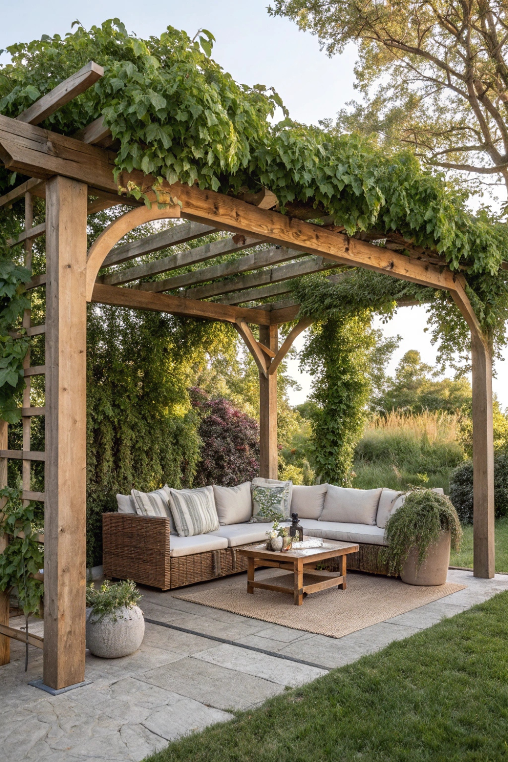 A wooden pergola draped with climbing vines, a cozy outdoor couch set, and a small coffee table perfect for afternoon lounging.
