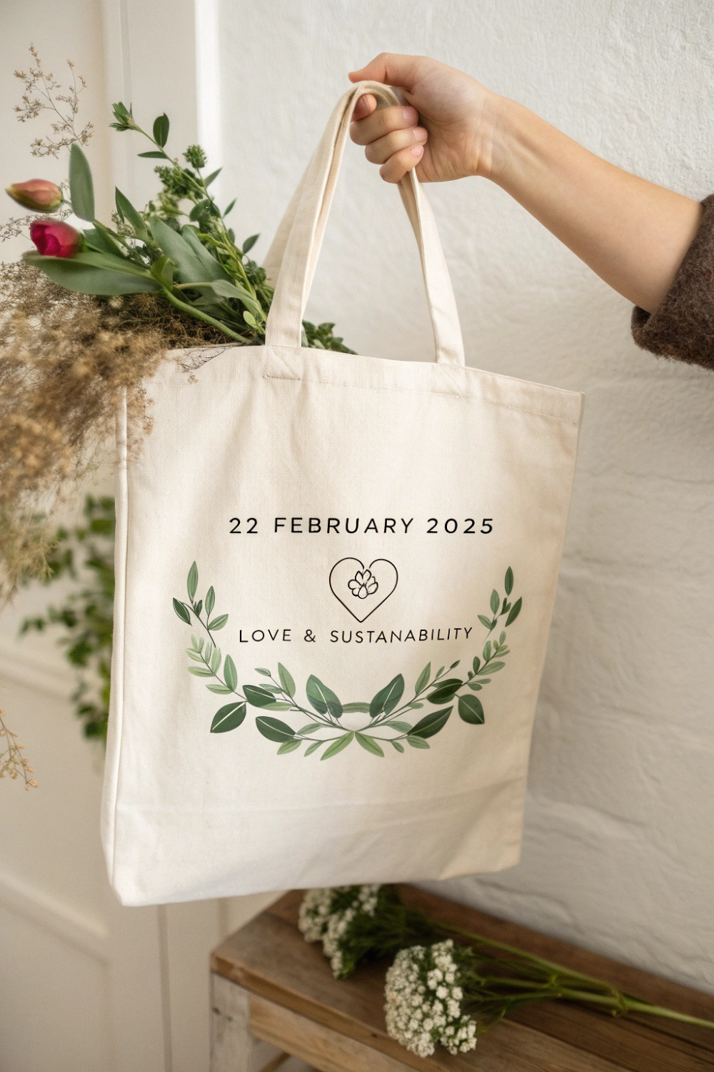 Guests leaving your wedding with a chic, reusable cotton tote bag, stamped with your wedding date and a cute phrase like, “Love & Sustainability.”