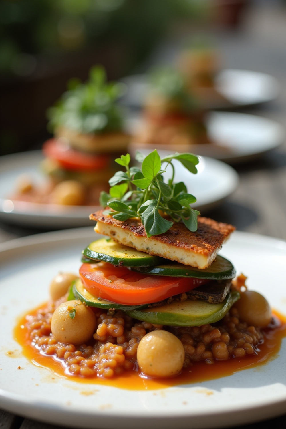 A beautifully plated dish of roasted vegetable towers, rich lentil stew, and dairy-free cheesecake sits in front of your guests. The flavors are rich, decadent, and satisfying, proving that plant-based cuisine can be just as indulgent as traditional fare.