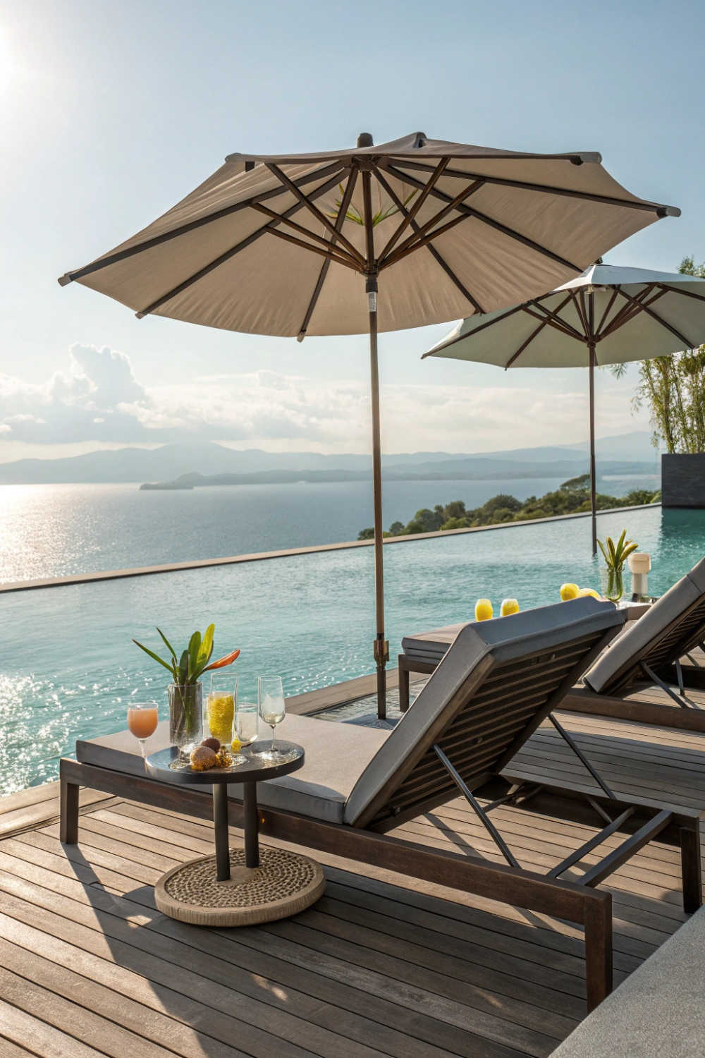 Sleek lounge chairs beside a shimmering pool, oversized umbrellas for shade, and a side table with fresh tropical drinks