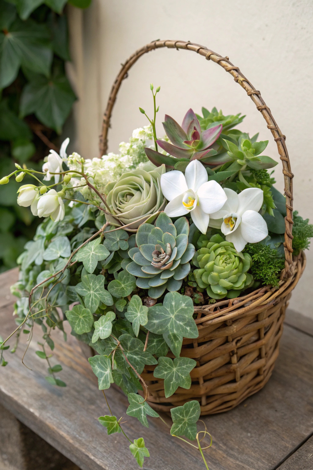 A lush bouquet of mini potted succulents, trailing ivy, and delicate white orchids arranged in a rustic woven basket. After the wedding, these plants can be replanted or gifted to guests.