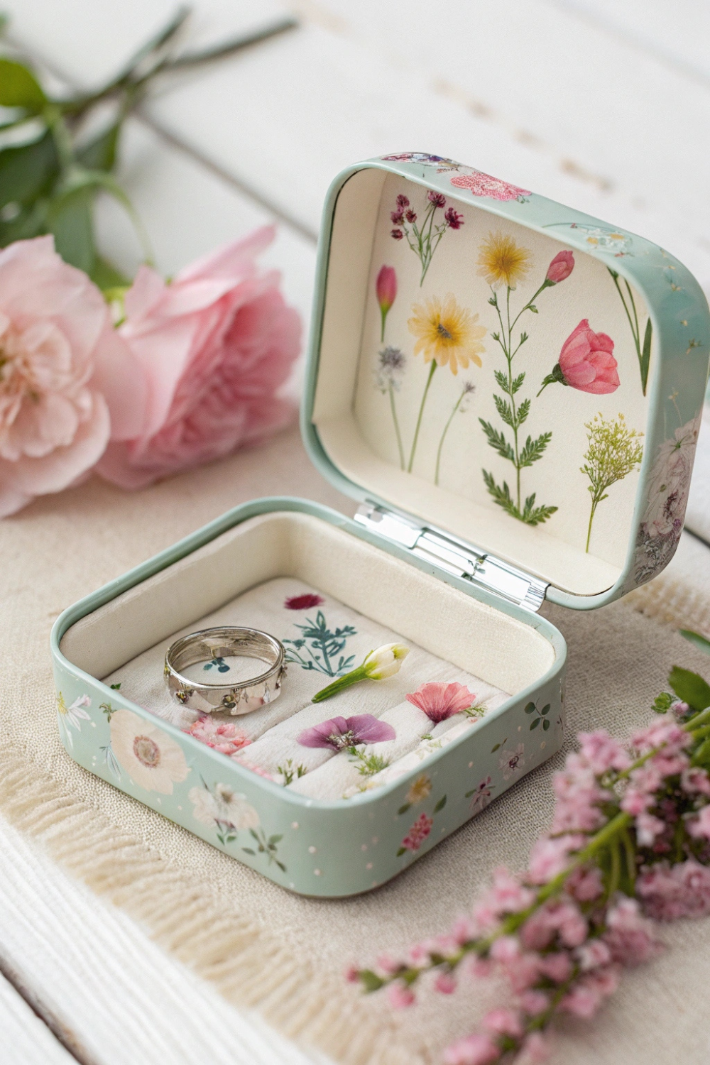 A delicate, nature-inspired ring box with real pressed flowers sealed under a layer of clear resin, giving it a soft, romantic feel.