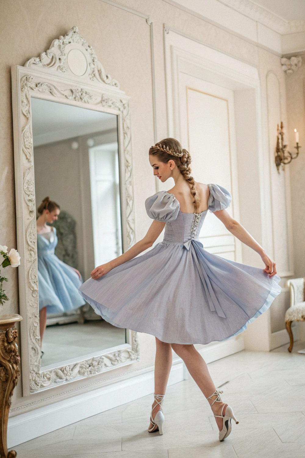 You twirl in front of the mirror, your puff sleeves giving major royal vibes. You feel soft, delicate, and absolutely magical.