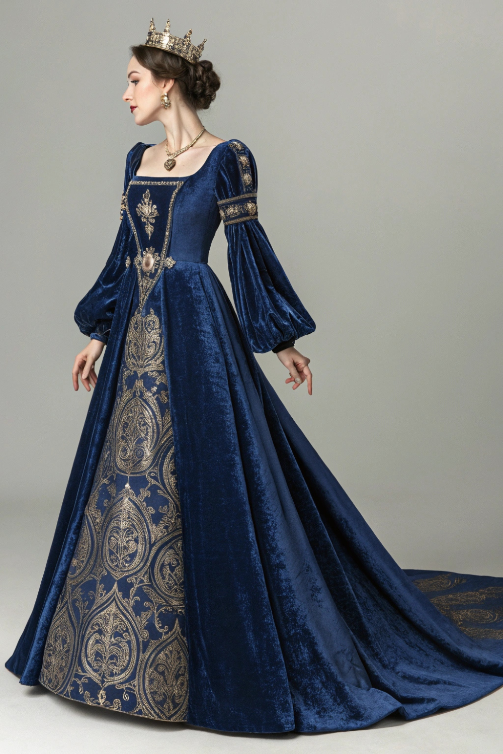 Think regal, medieval-inspired fashion, with square necklines, dramatic sleeves, and rich brocade fabrics.