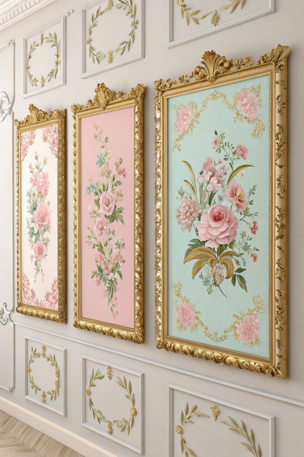 Hand-painted pastel canvases adorned with soft floral details and gilded edges, bringing the romance of the 18th century to life.