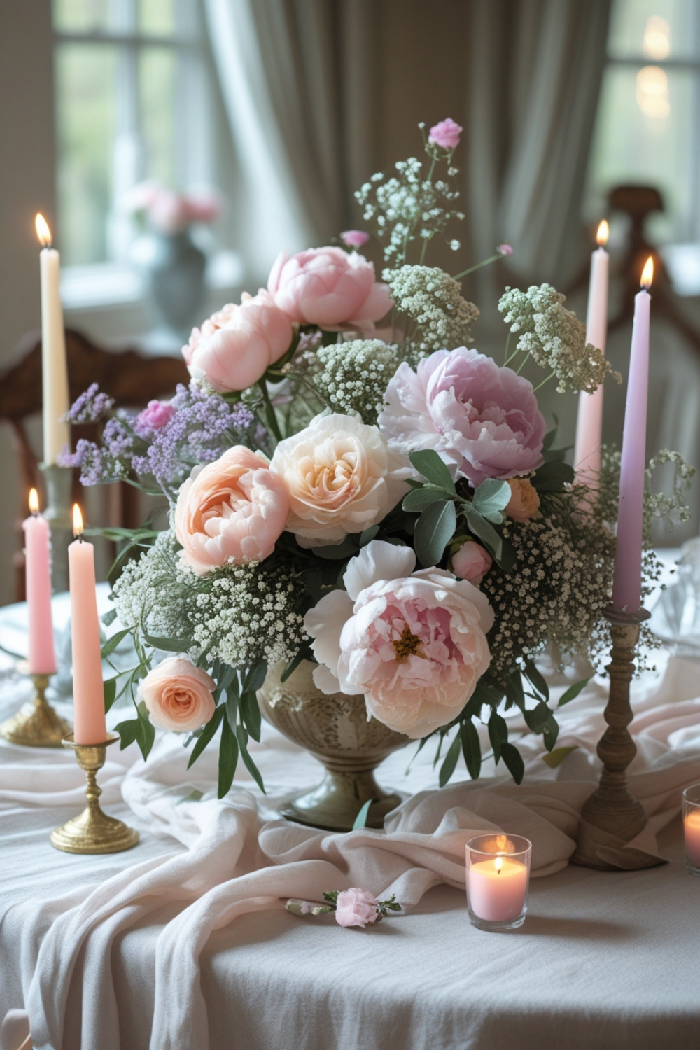 Your dining table draped in a flowing linen tablecloth, adorned with a lush pastel floral arrangement in the center. Peonies, garden roses, and baby’s breath spill gracefully from an antique vase, creating a soft, airy feel. Candles flicker nearby, adding a warm, inviting glow.
