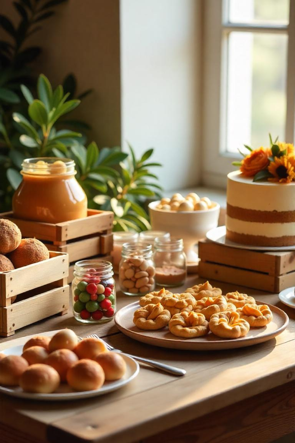 A cozy, farmhouse-style table filled with homemade treats. Wooden crates, mason jars filled with candies, and a naked cake adorned with fresh flowers give this setup a warm and inviting feel.