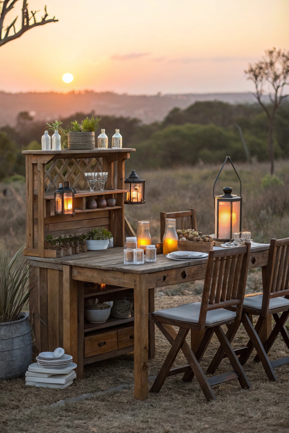 A wooden dining set, a vintage potting bench repurposed as a drink station, and lanterns glowing softly at sunset