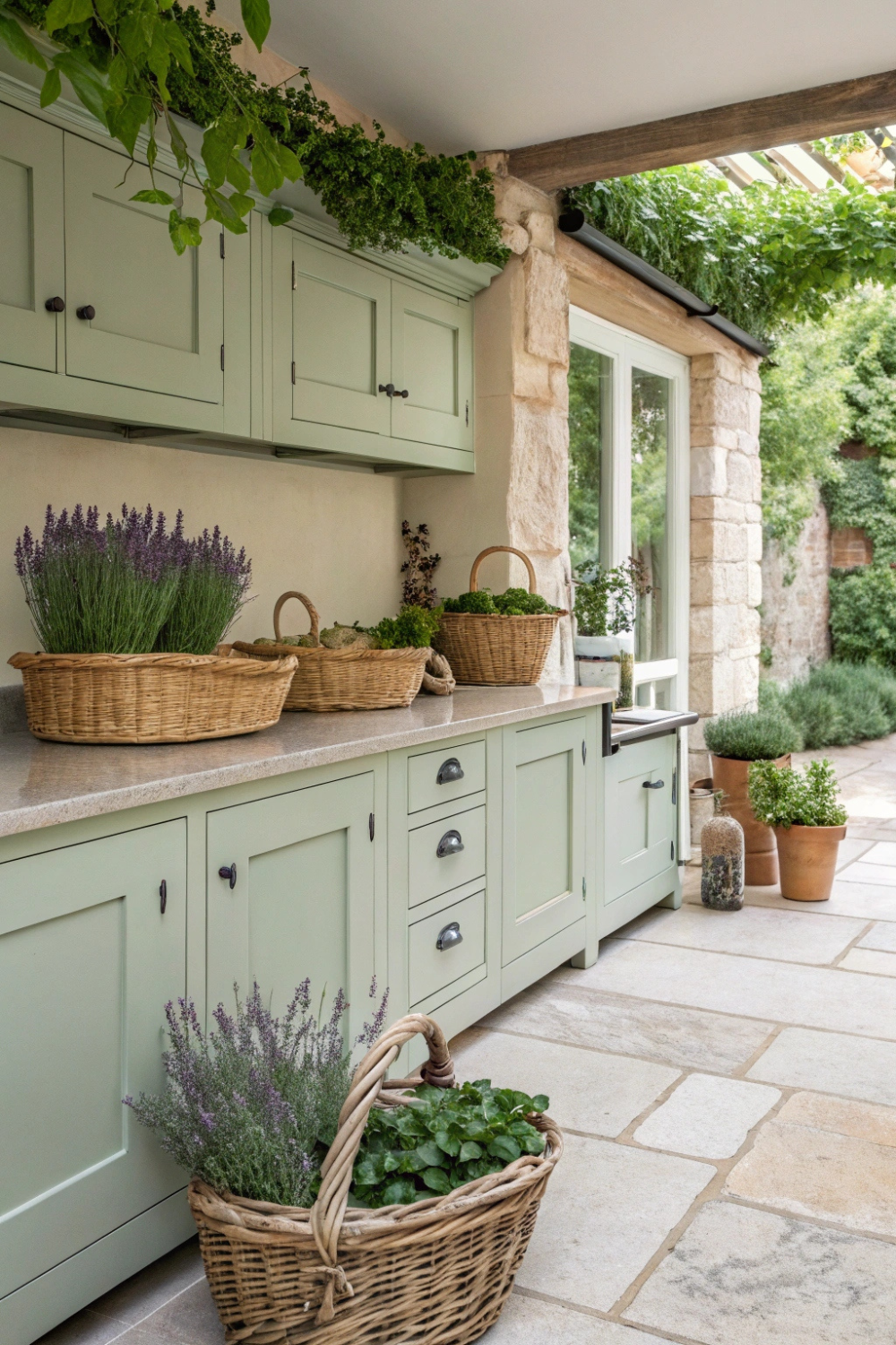 Your kitchen feels like a springtime escape with soft sage green cabinets, beige stone countertops, and woven baskets filled with fresh herbs. The scent of lavender drifts through the air as natural textures and greenery bring the outdoors in.
