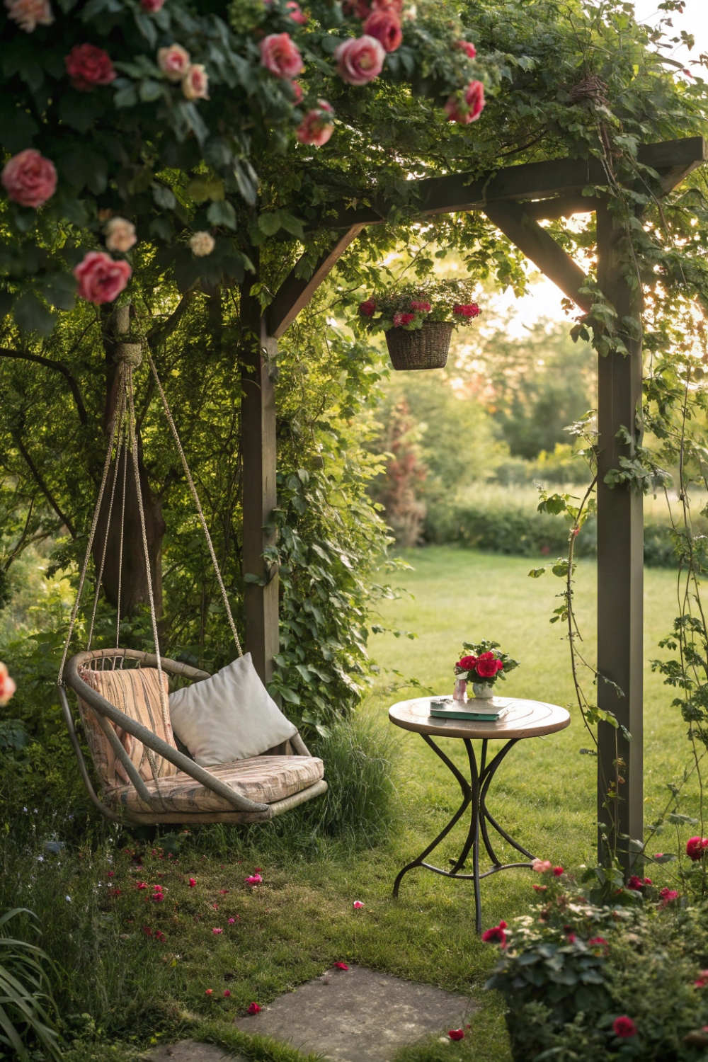 A hidden garden nook, tucked away with a swing chair, climbing roses, and a tiny café table for quiet mornings.