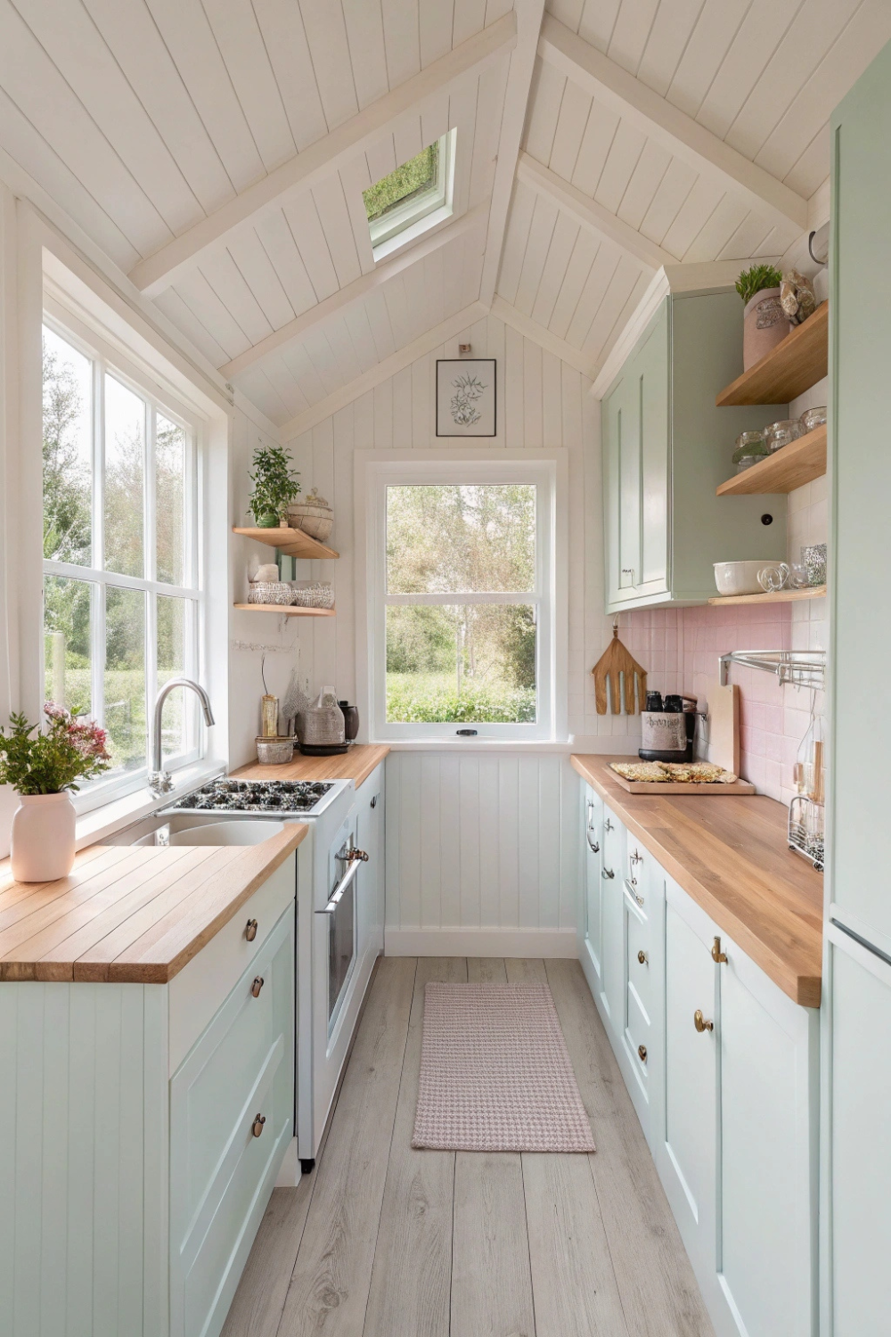 A white and pastel color palette that makes your kitchen feel airy and open, with natural light bouncing around like it owns the place.