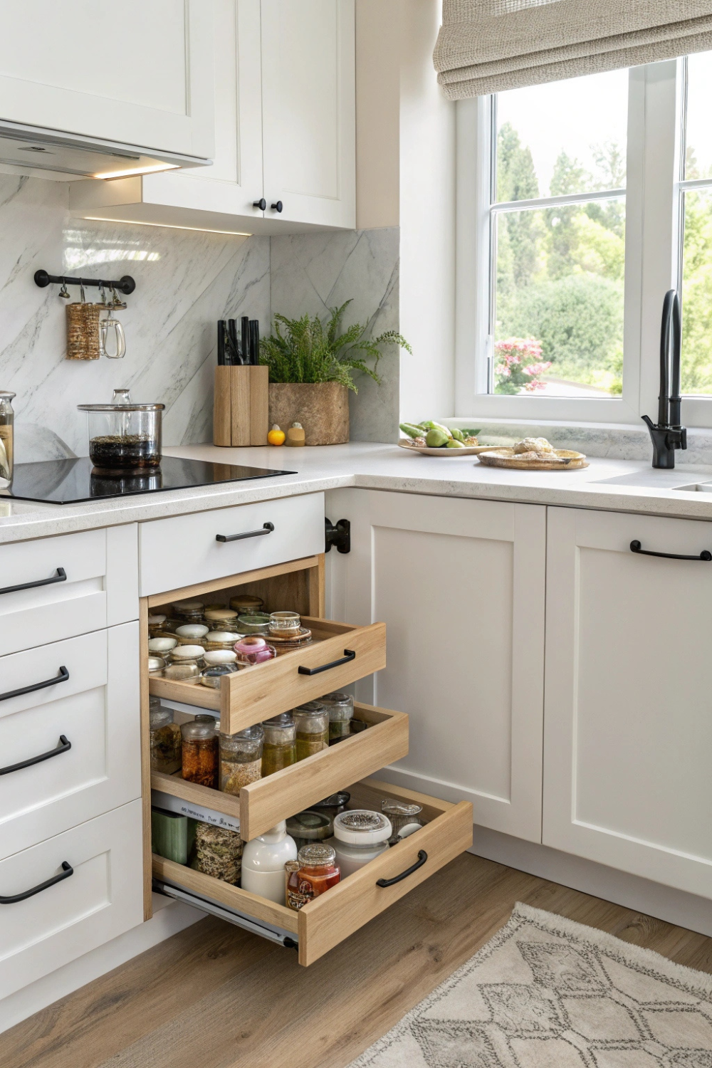 Lazy Susans and corner drawers that make every inch count, no awkward reaching required.