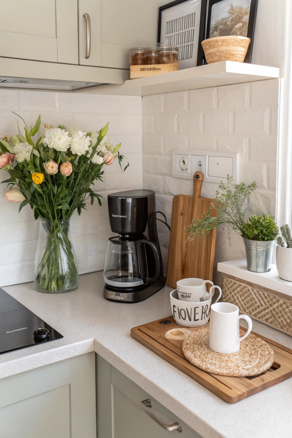 Clear countertops with just the essentials—a chic coffee maker, a vase of fresh flowers, and a cutting board that doubles as decor.