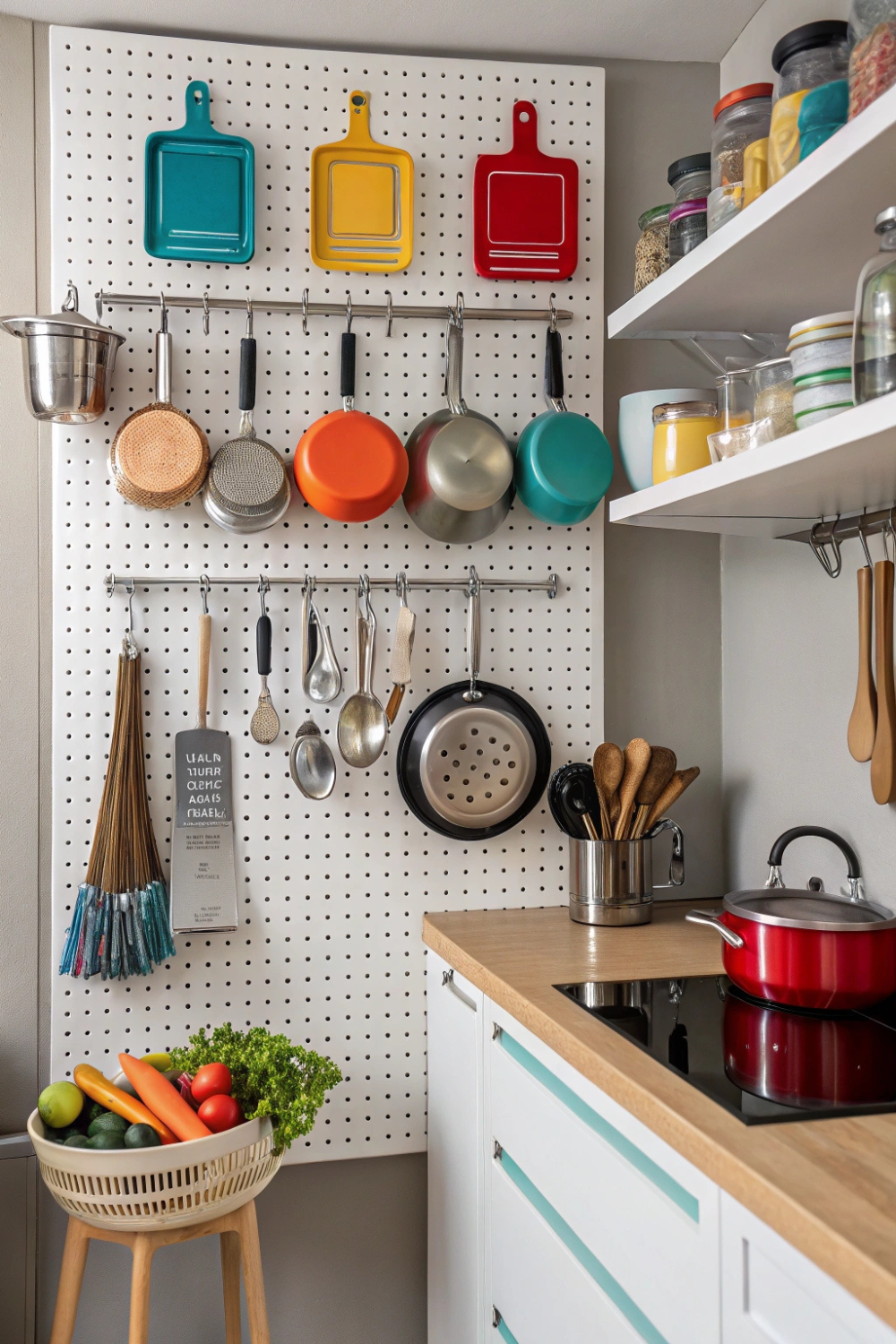 A pegboard filled with hanging pots, pans, and utensils—functional art that saves space.