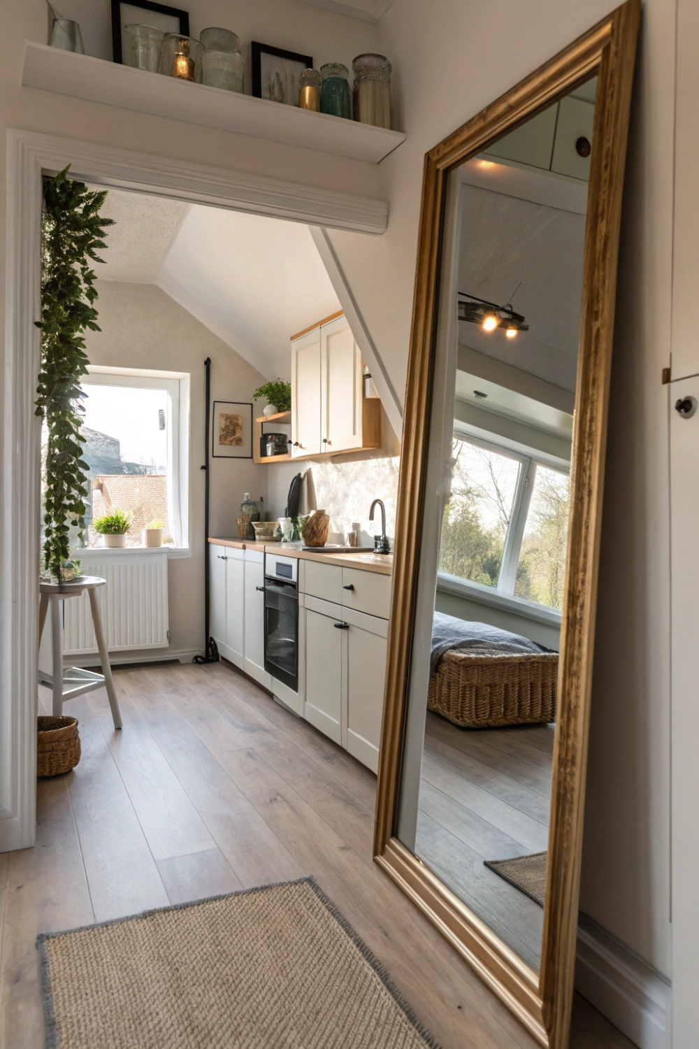 A large mirror reflecting natural light, making your tiny kitchen feel twice its size. It’s like magic—but with glass.