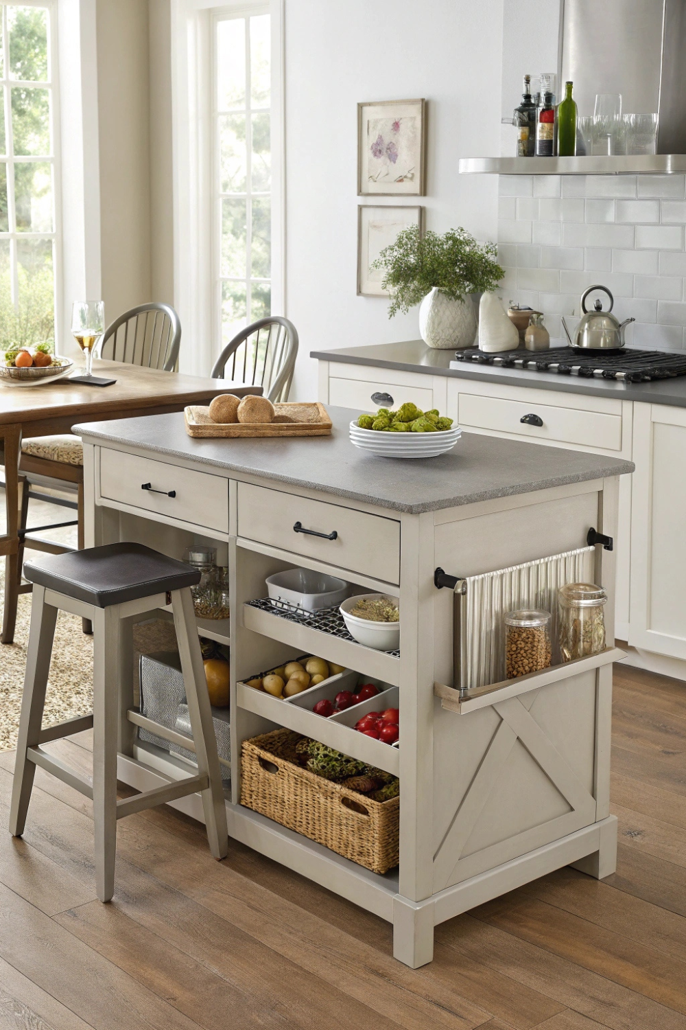 A sleek kitchen island that doubles as a dining table, storage unit, and prep station. One piece, endless possibilities.