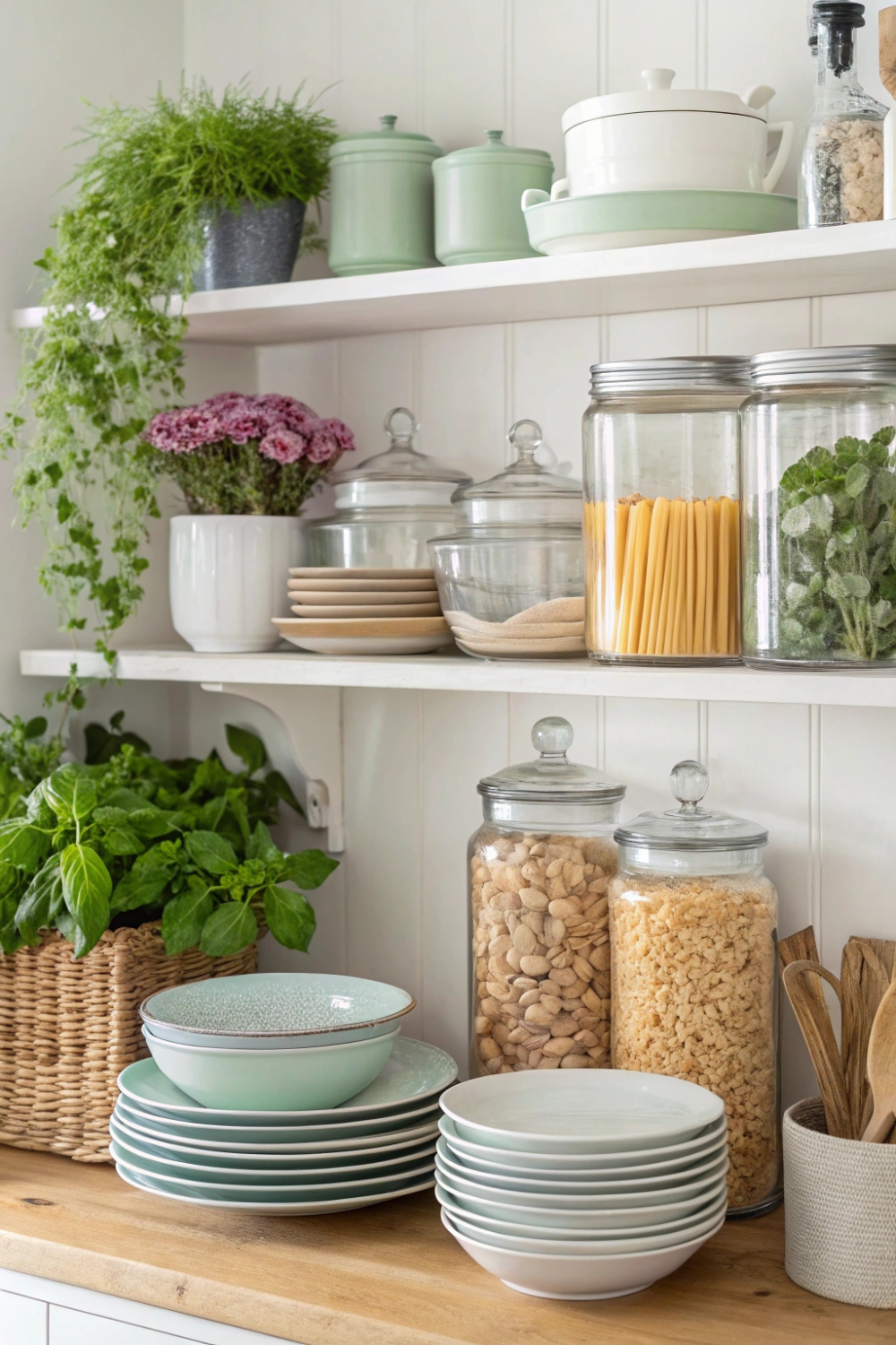 Beautifully arranged dishes, glass jars filled with pantry staples, and pops of greenery—all on display and within reach.