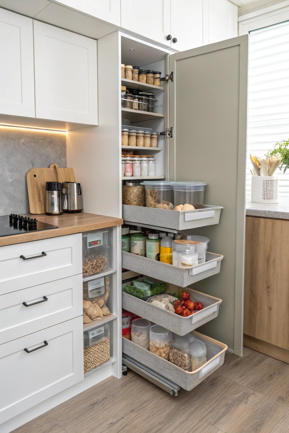 Pull-out pantry shelves, stackable bins, and hidden compartments making the most of every inch.