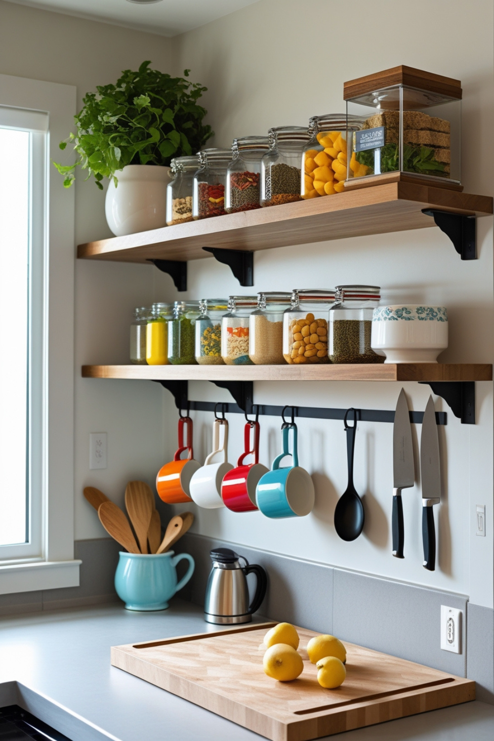 Floating shelves stacked with neatly organized jars, colorful mugs hanging from hooks, and a magnetic knife strip freeing up counter space. Your walls aren’t just walls—they’re storage goldmines!