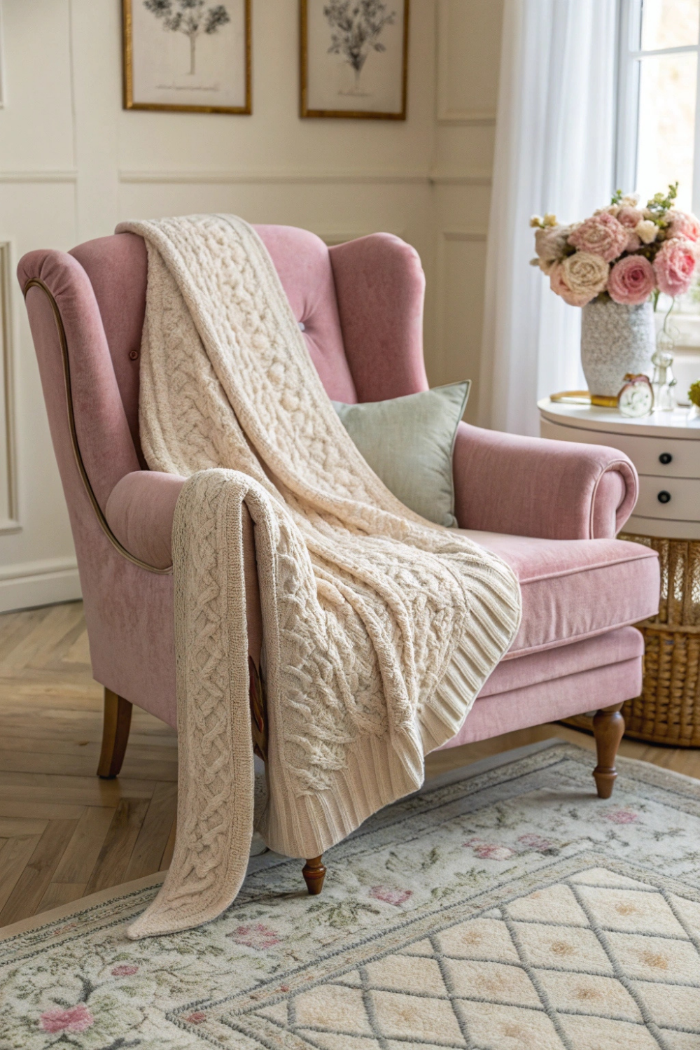 A plush knitted throw draped over a pastel armchair, a collection of velvety and linen cushions, and a soft, vintage-inspired area rug—coziness meets effortless spring style