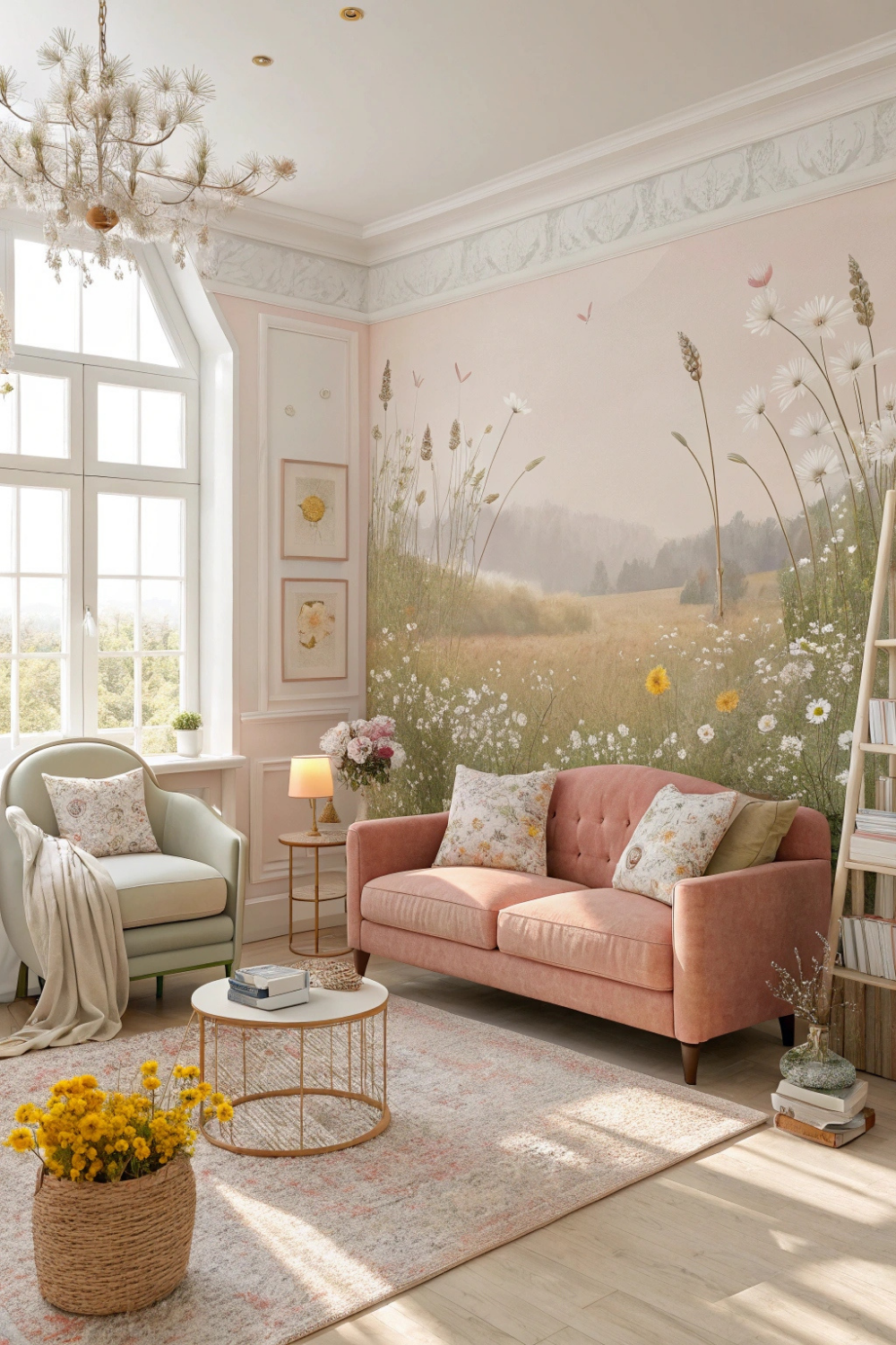 Sun-drenched field of wildflowers—soft pastel hues, warm neutrals, and delicate floral touches create a serene and inviting space