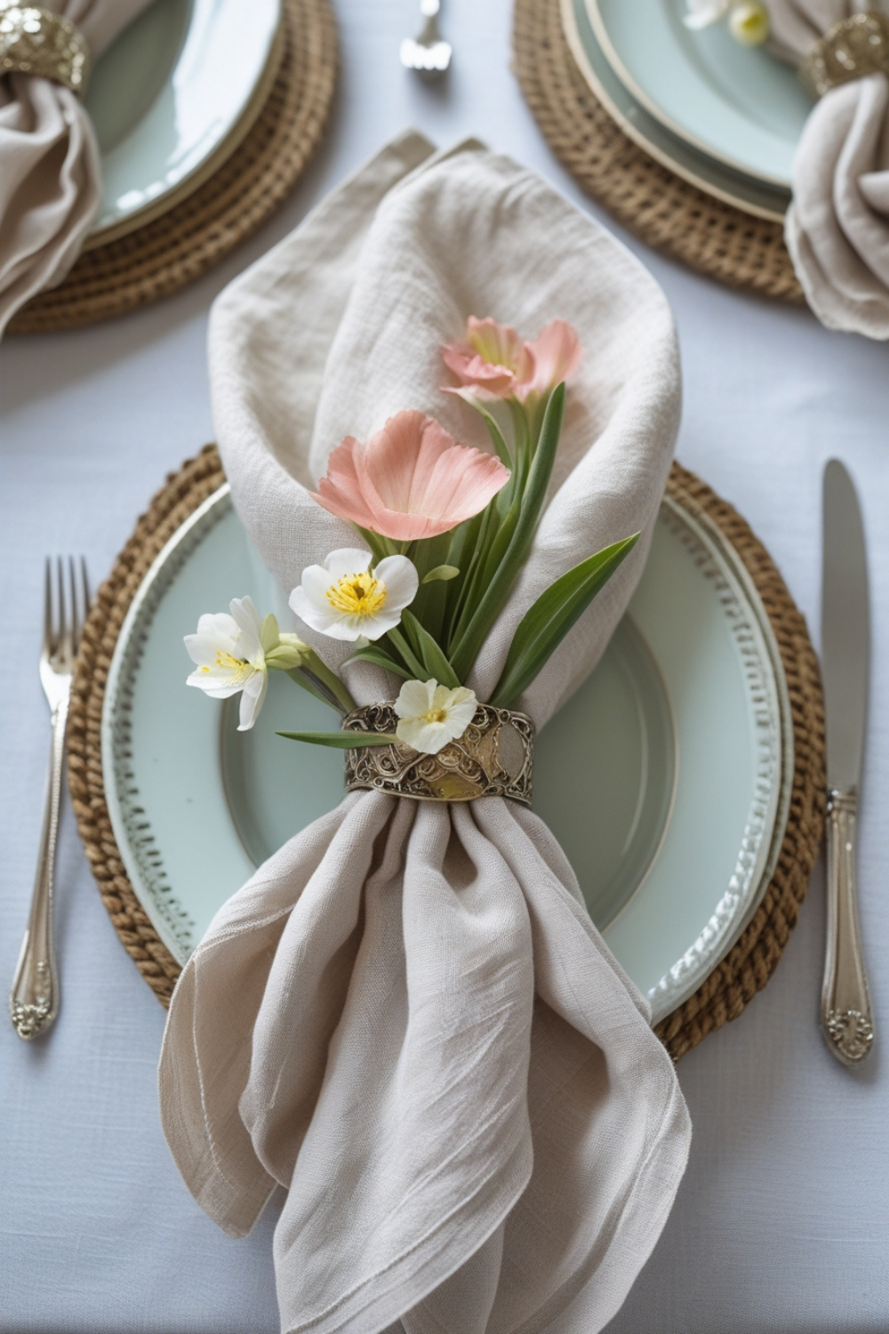 Each place setting features neatly folded linen napkins, tucked into vintage napkin rings or tied with a soft silk ribbon. A single fresh flower peeks out, adding a soft and charming final touch.