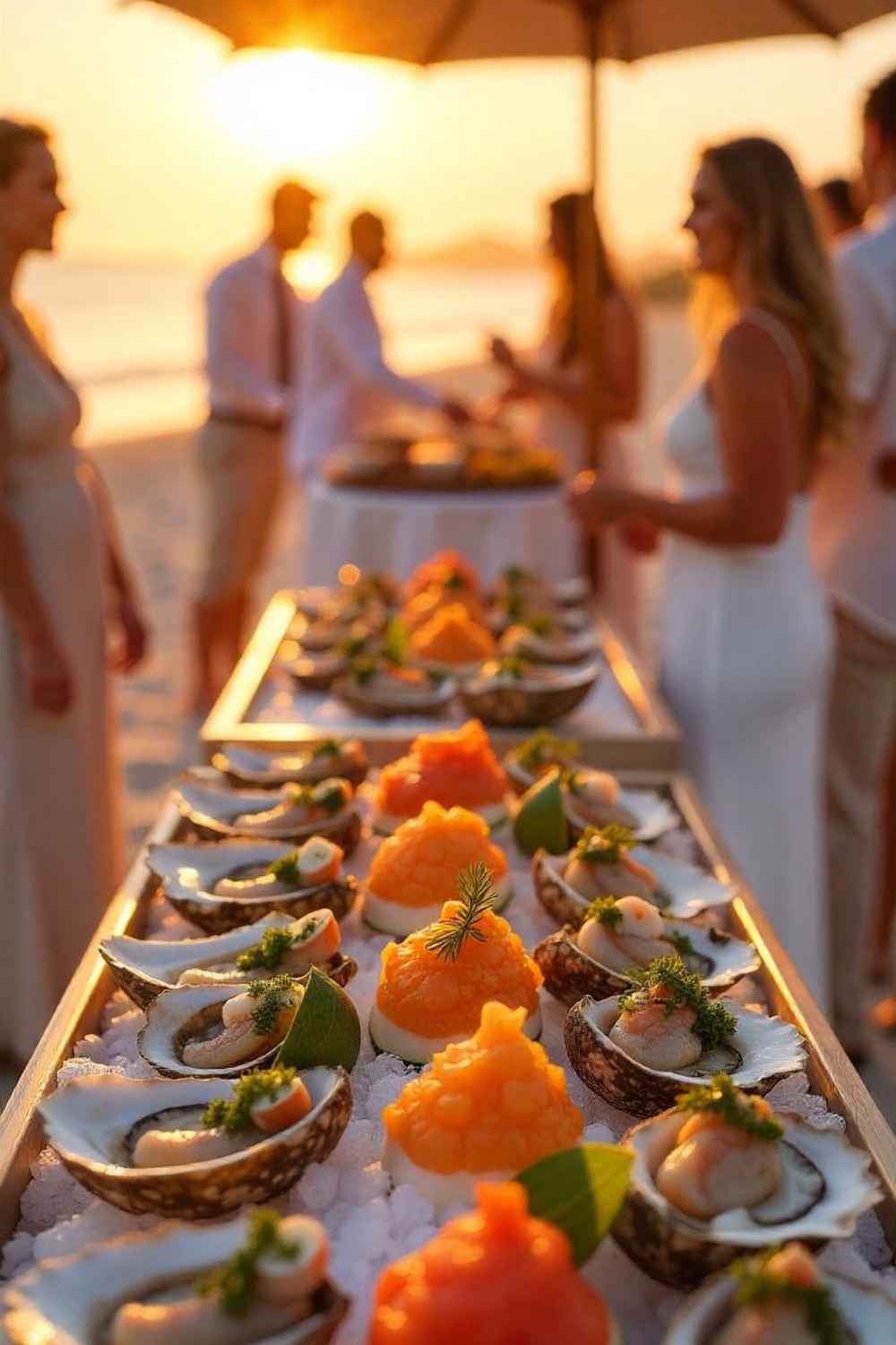 A chic oyster and seafood station, featuring ethically sourced shrimp, mussels, and sushi, elegantly displayed on ice-filled trays with biodegradable serving utensils.