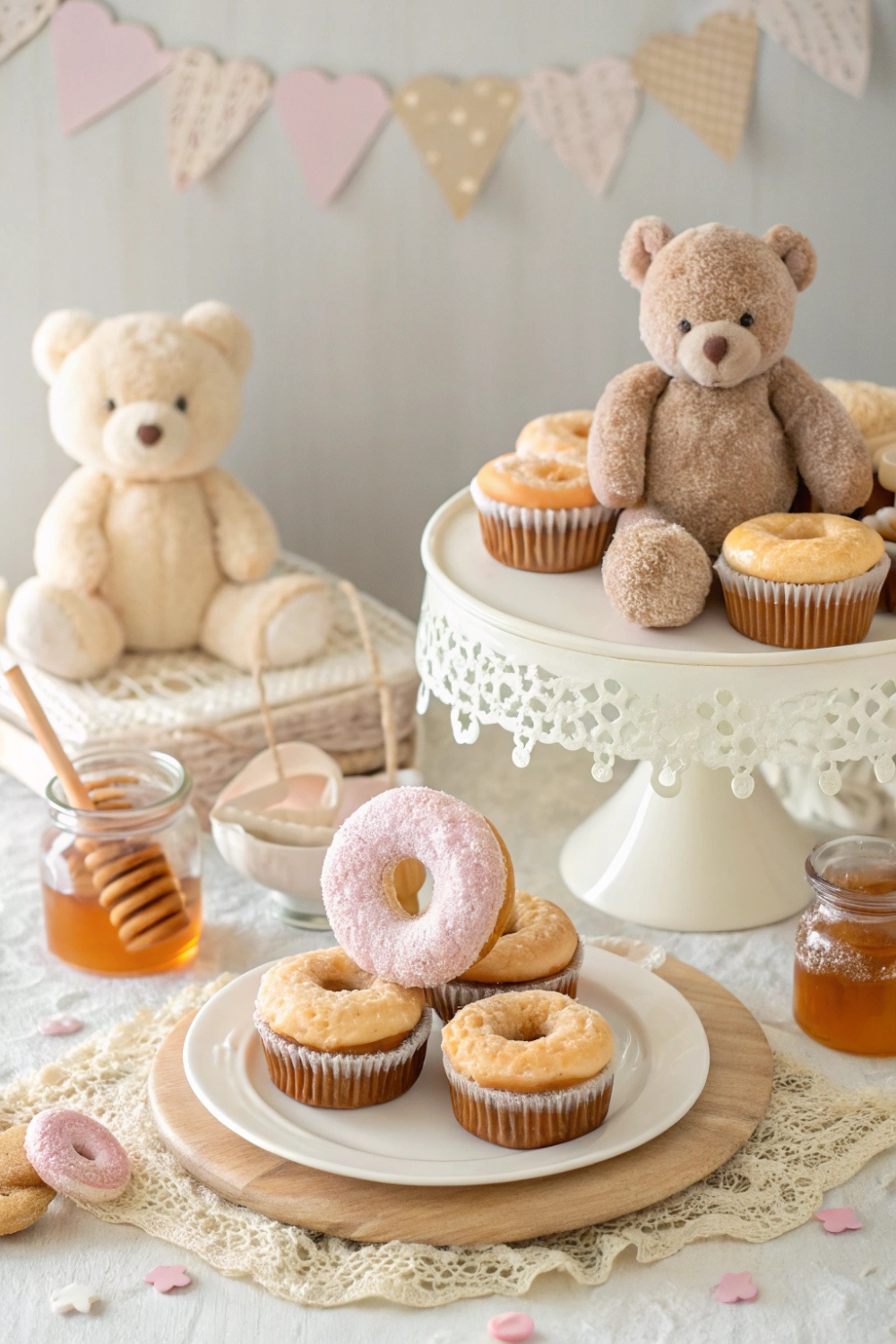A sweet, nostalgic table with teddy bear cupcakes, honey-glazed donuts, and a soft, neutral color palette. Plush teddy bears and honey pots complete the cozy aesthetic.