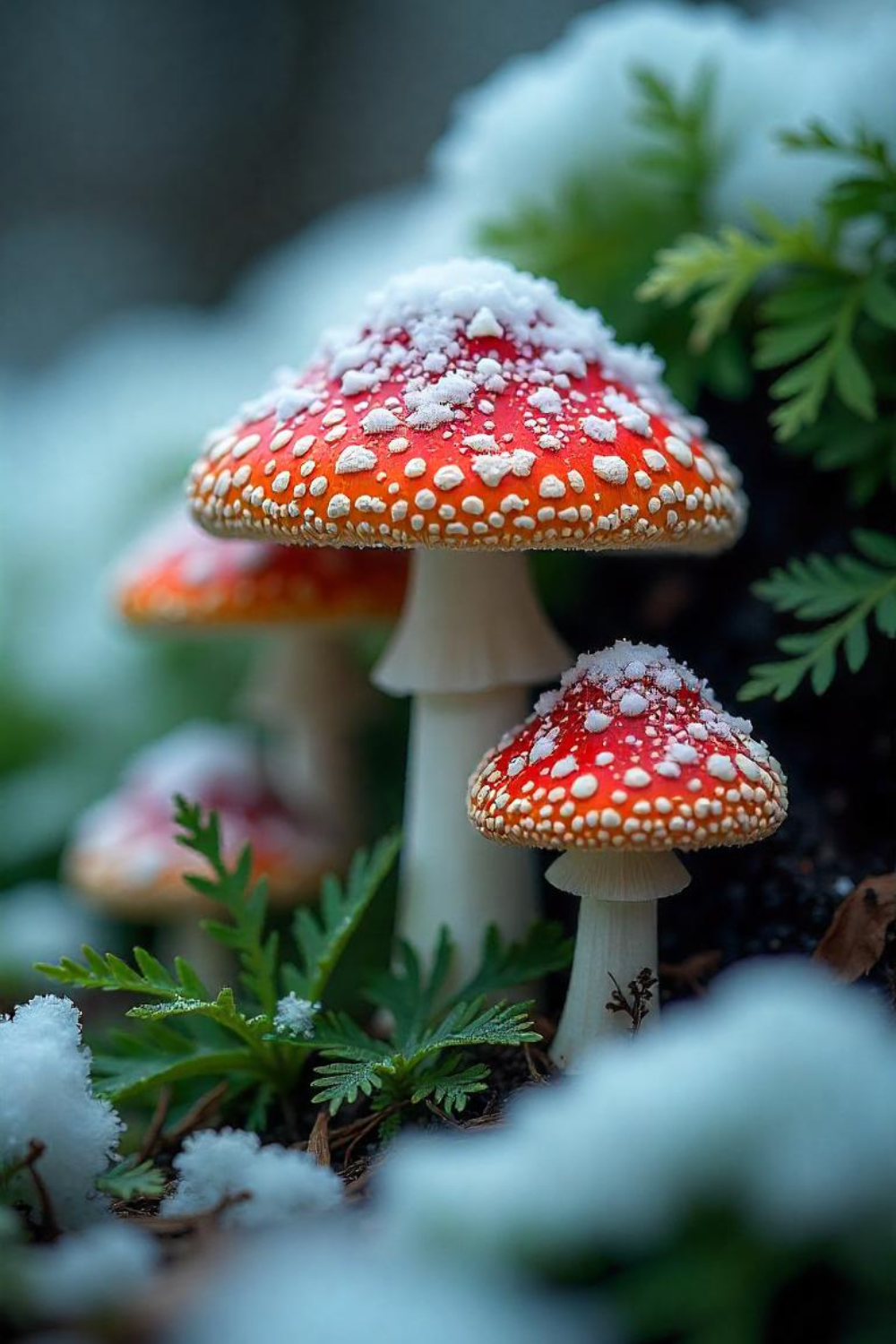 A cluster of vibrant red-and-white spotted mushrooms peeks out from under ferns. They look just like the ones in storybook illustrations