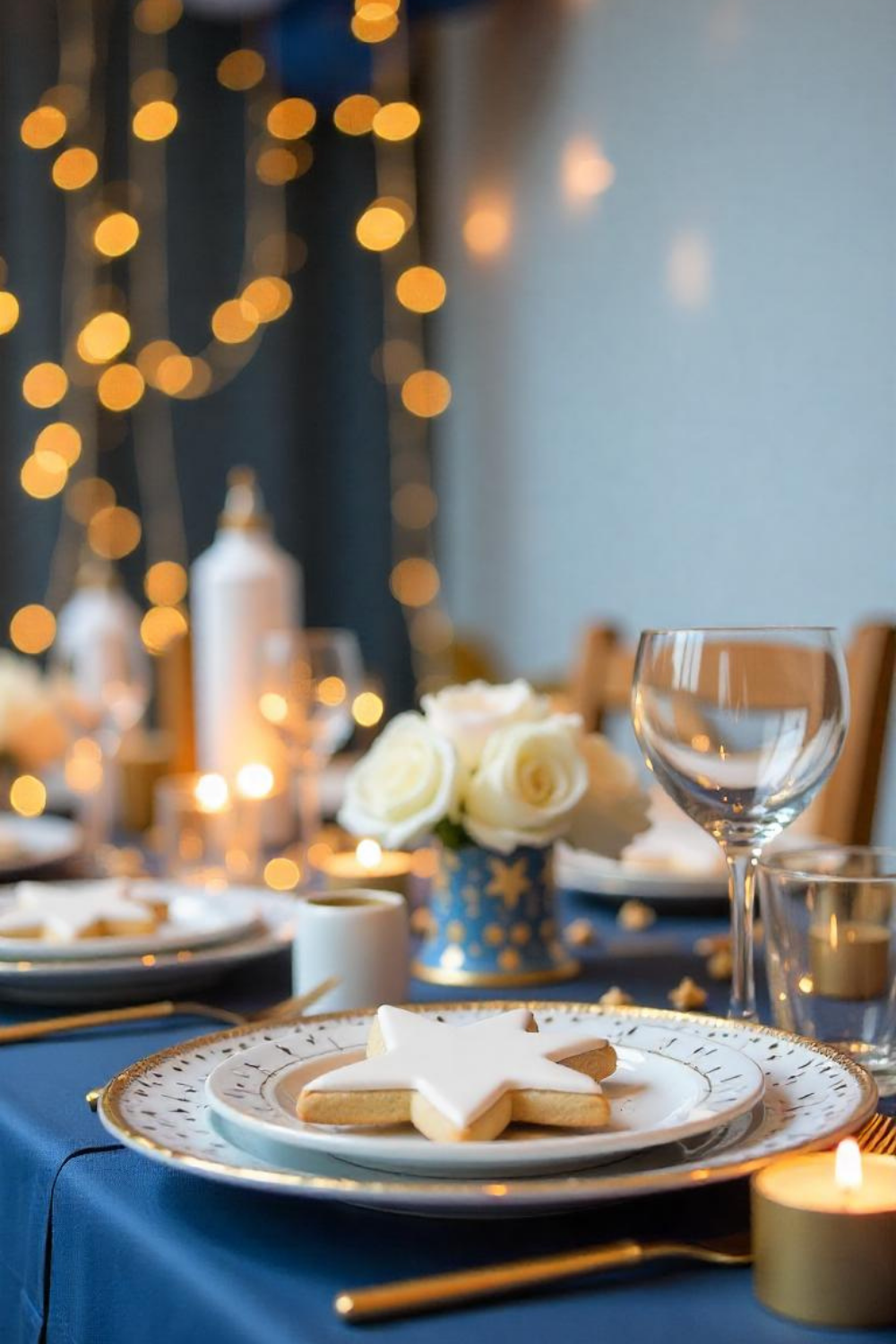 This would be celestial dream with golden stars, twinkling fairy lights, and a soft color palette of navy, white, and gold.