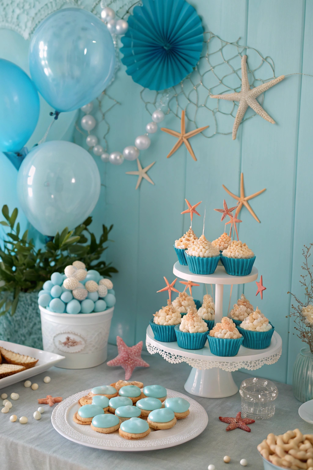 A dreamy oceanic scene with mermaid accents, seashell decor, and calming blue hues.