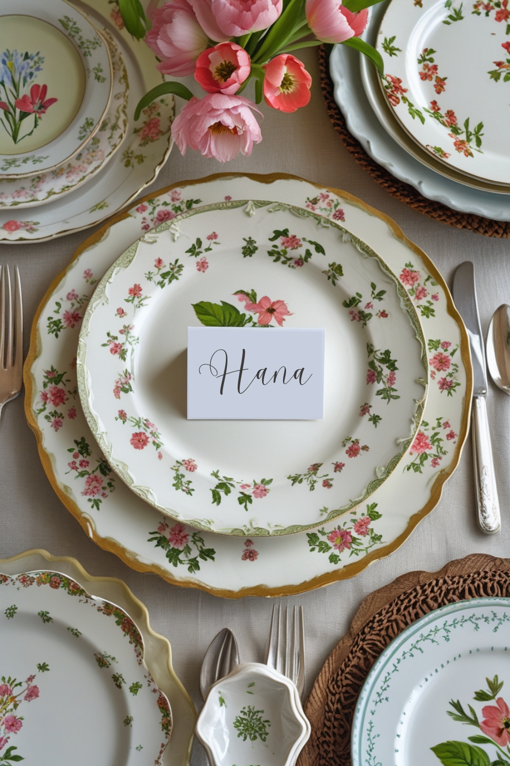 Each place setting features mismatched vintage plates, each one unique with delicate floral patterns. A handwritten name card sits atop each plate, adding a personal and whimsical touch.