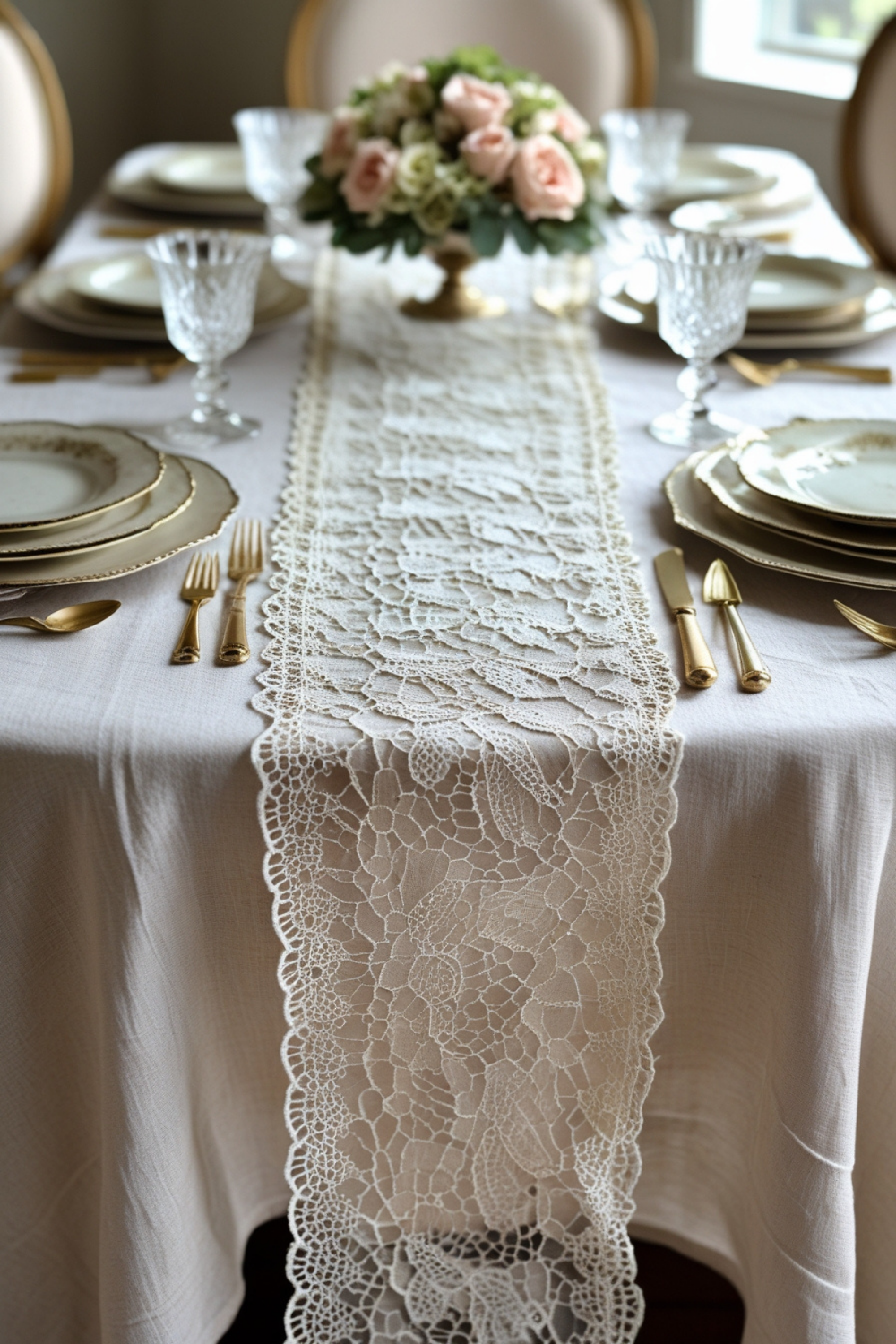 A delicate lace runner cascades down the center of your table, layered over a soft, neutral linen tablecloth. The lace catches the sunlight, adding an ethereal, vintage charm. Crystal glassware and gold flatware complete the look.