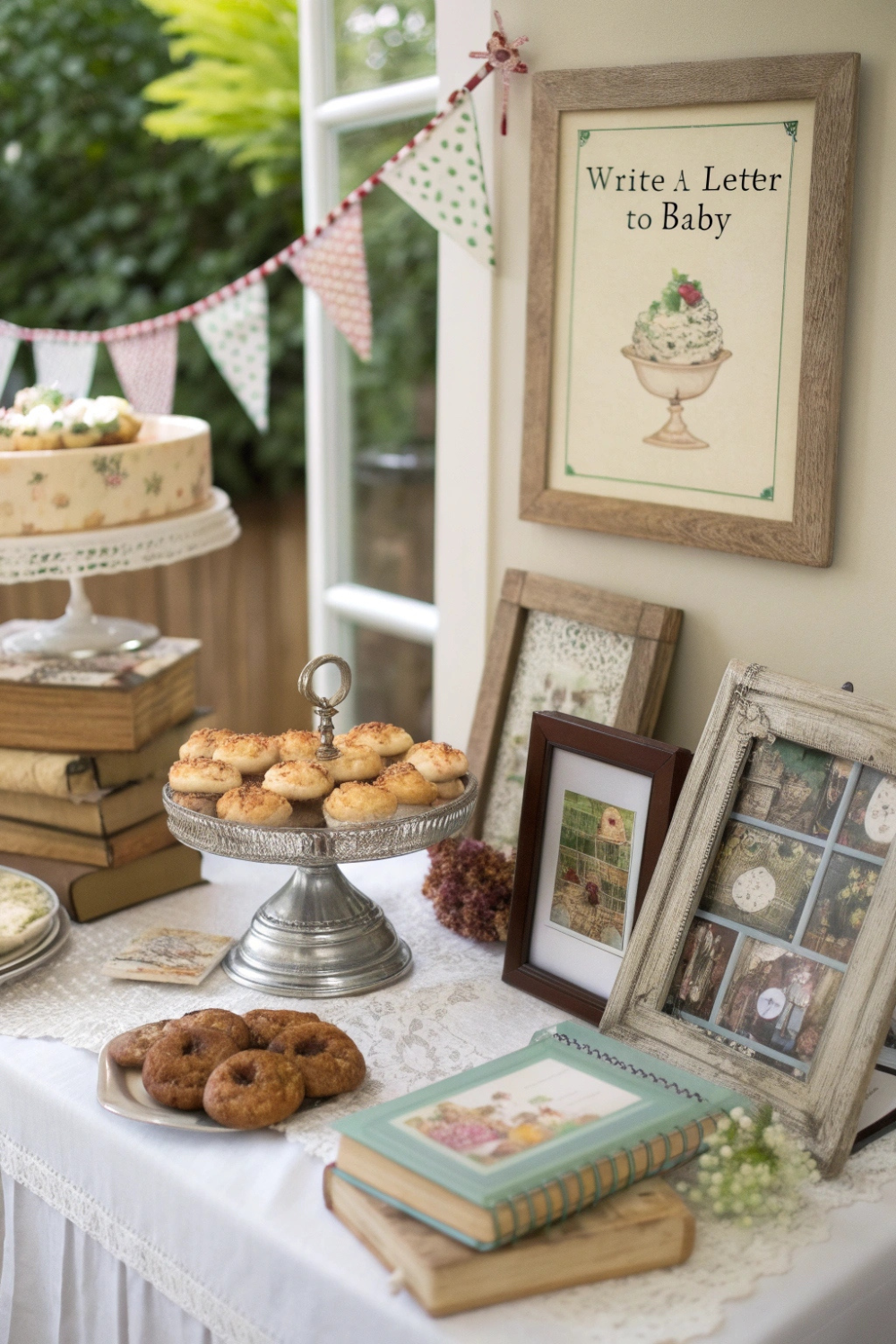 A nostalgic baby shower with classic children’s books as decor, vintage frames, and old-school charm.