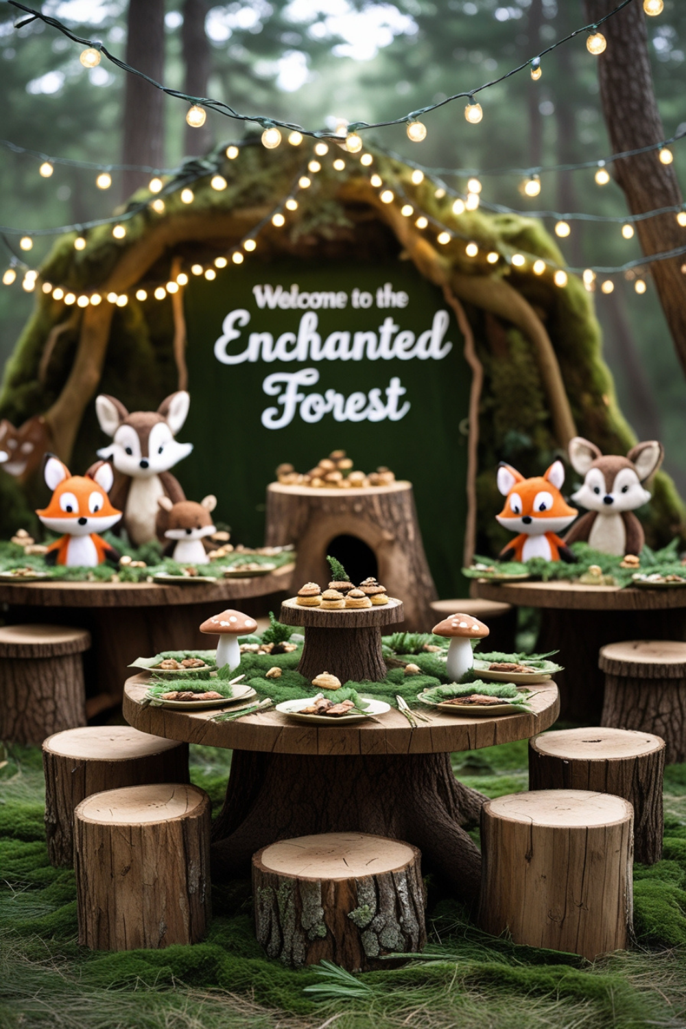 Imagine a magical forest setup with rustic wooden tables, mossy centerpieces, fairy lights draped from above, and adorable forest animal decorations. Think foxes, deer, and hedgehogs peeking through a backdrop of lush greenery!