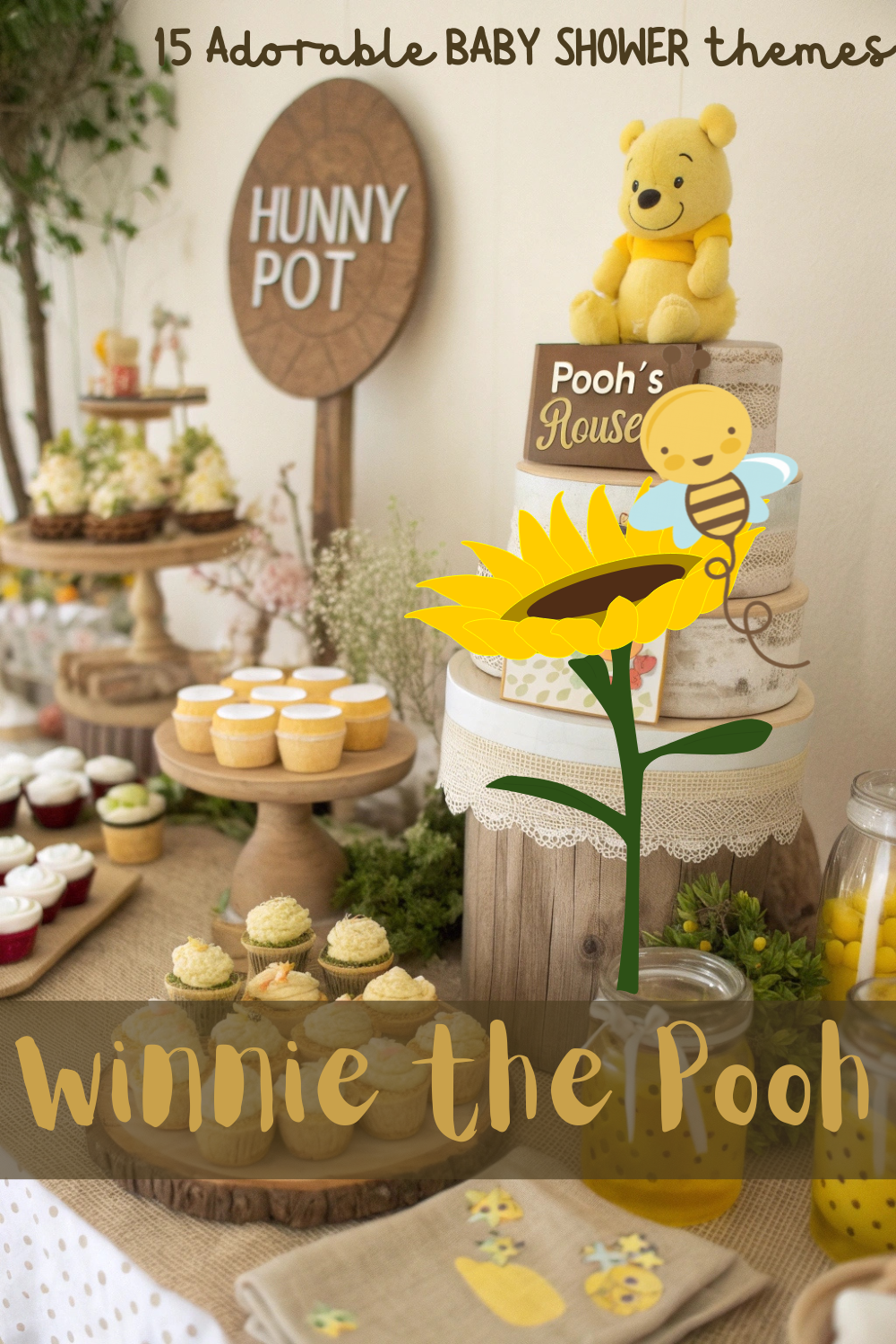 Picture a vintage-inspired Hundred Acre Wood scene with honey pots, burlap accents, and adorable Pooh Bear plushies.
