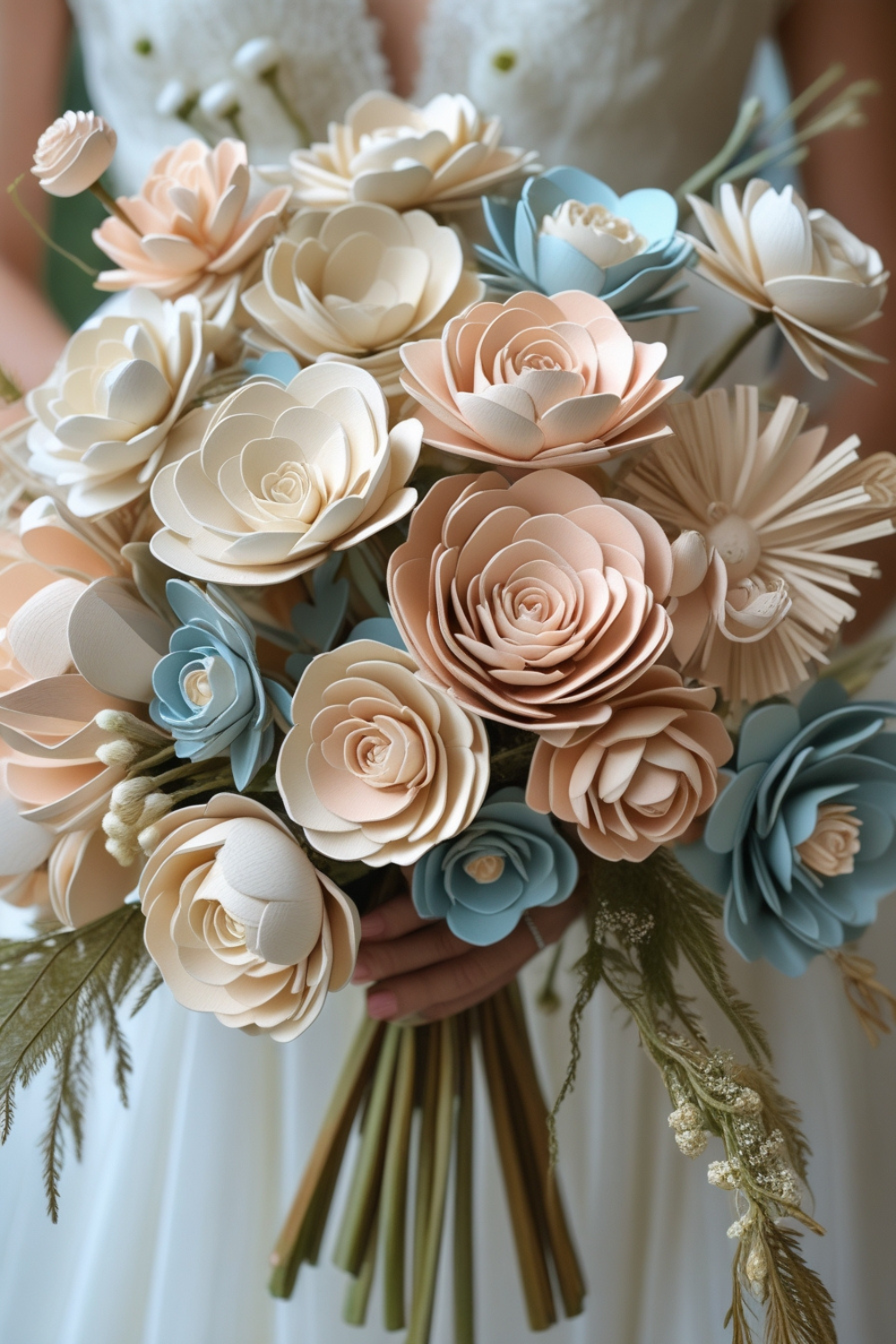 A bouquet of handcrafted wooden flowers, painted in soft blush, cream, and dusty blue. The petals are carved from sustainable sola wood, creating a realistic and artistic floral arrangement.