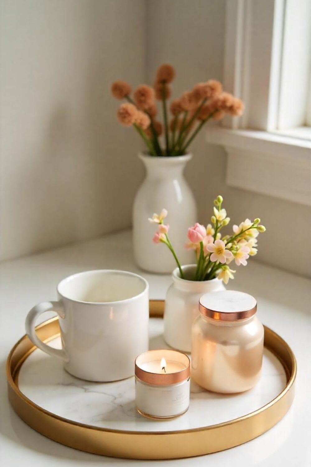 Find a marble and gold tray that holds your favorite mug, a scented candle, and a tiny vase of fresh flowers. Everything would look thoughtfully arranged and effortlessly chic.