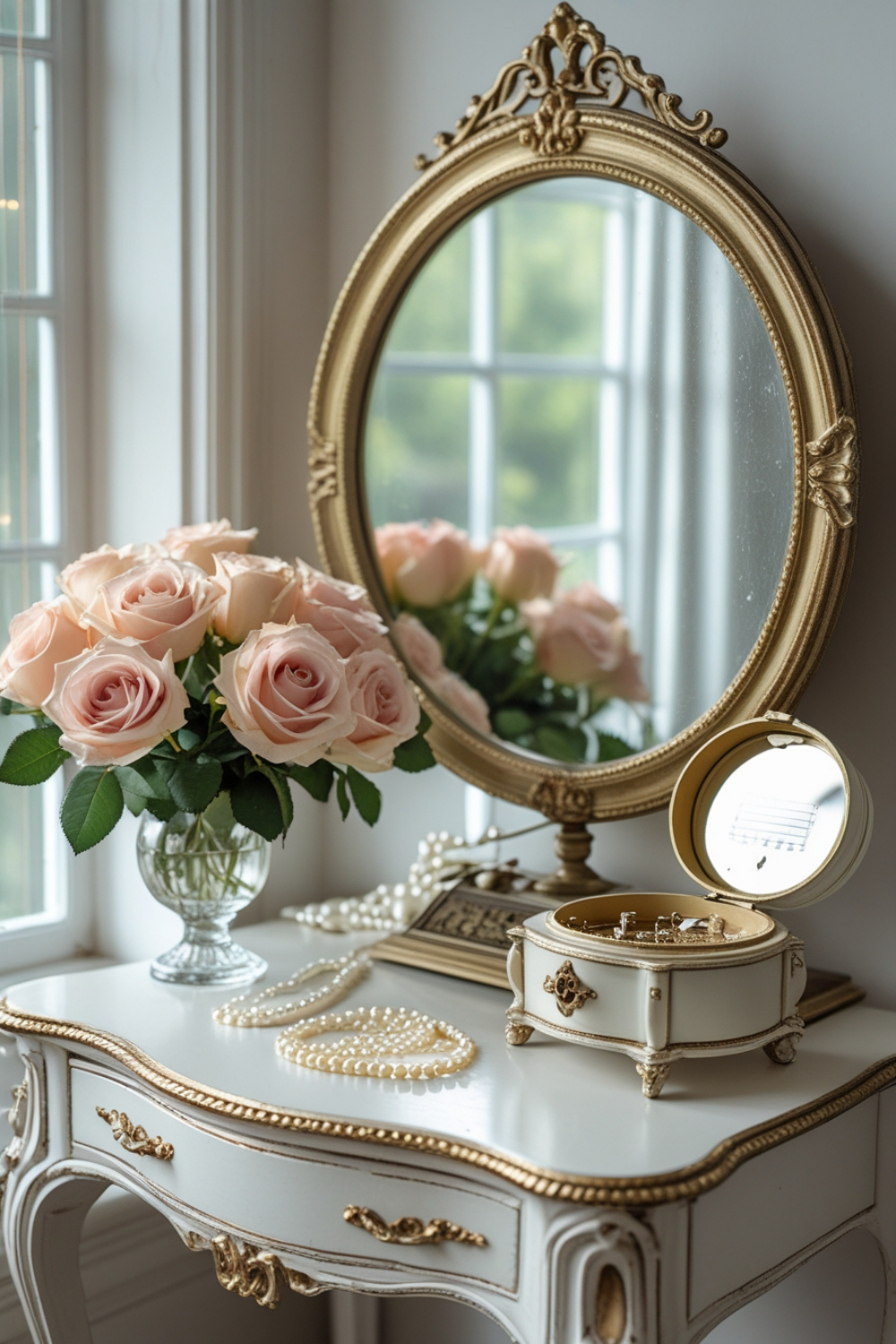 An antique white vanity with gold accents sits beside a sunlit window. A round mirror with a filigree frame reflects a bouquet of fresh roses, delicate pearl necklaces, and an open music box playing a soft melody.