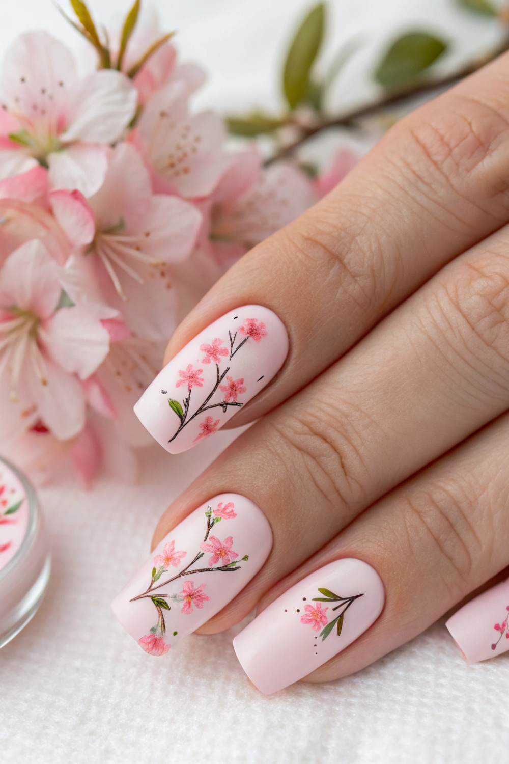 A pastel blush pink base with tiny sprigs of azalea flowers painted on each nail. The soft pink tones give a serene, cottagecore-inspired vibe