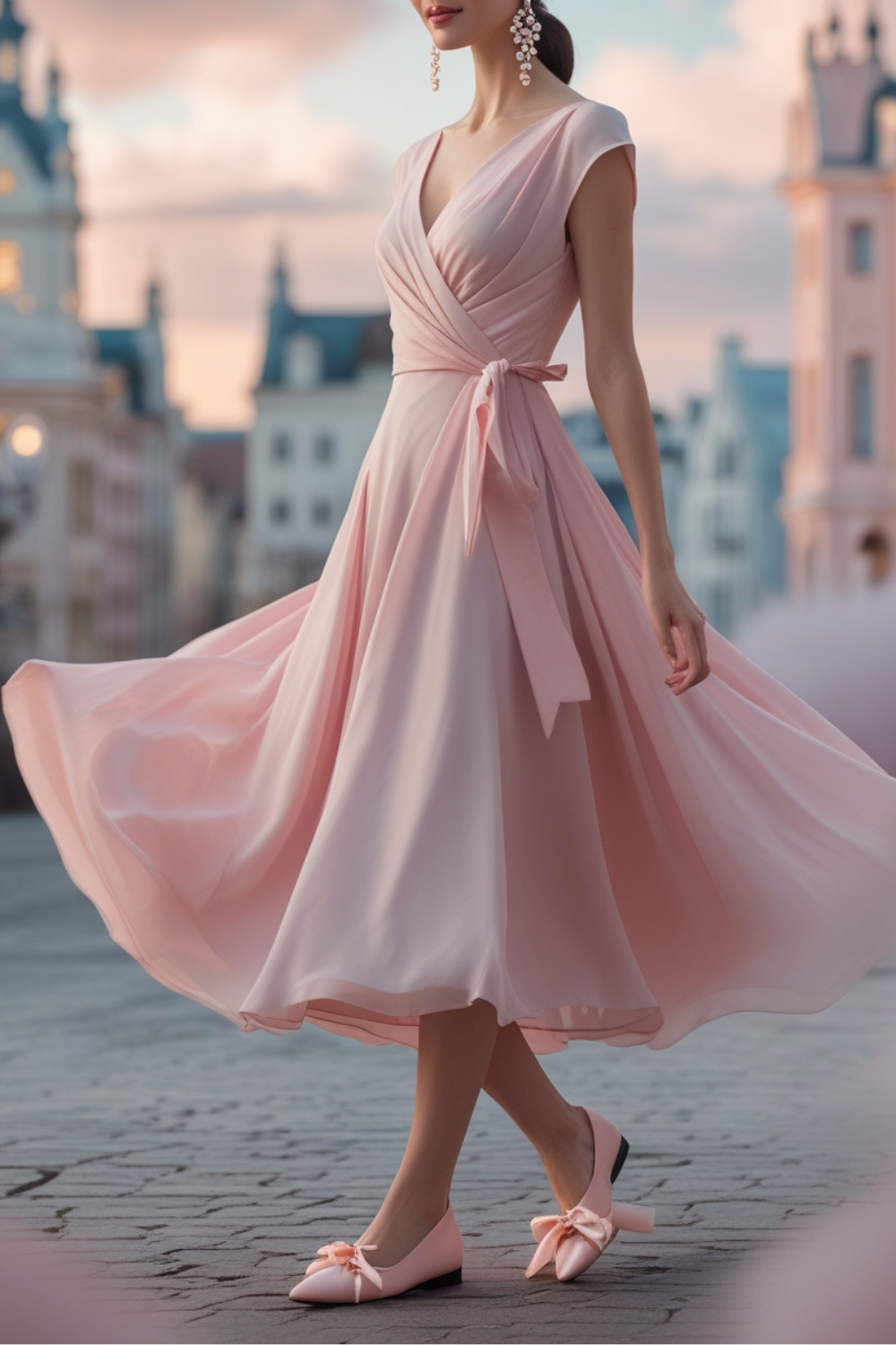 A twirl-worthy wrap dress in a soft blush hue, delicate pearl earrings, ballet flats with ribbon ties, and a pastel-toned cityscape in the background.