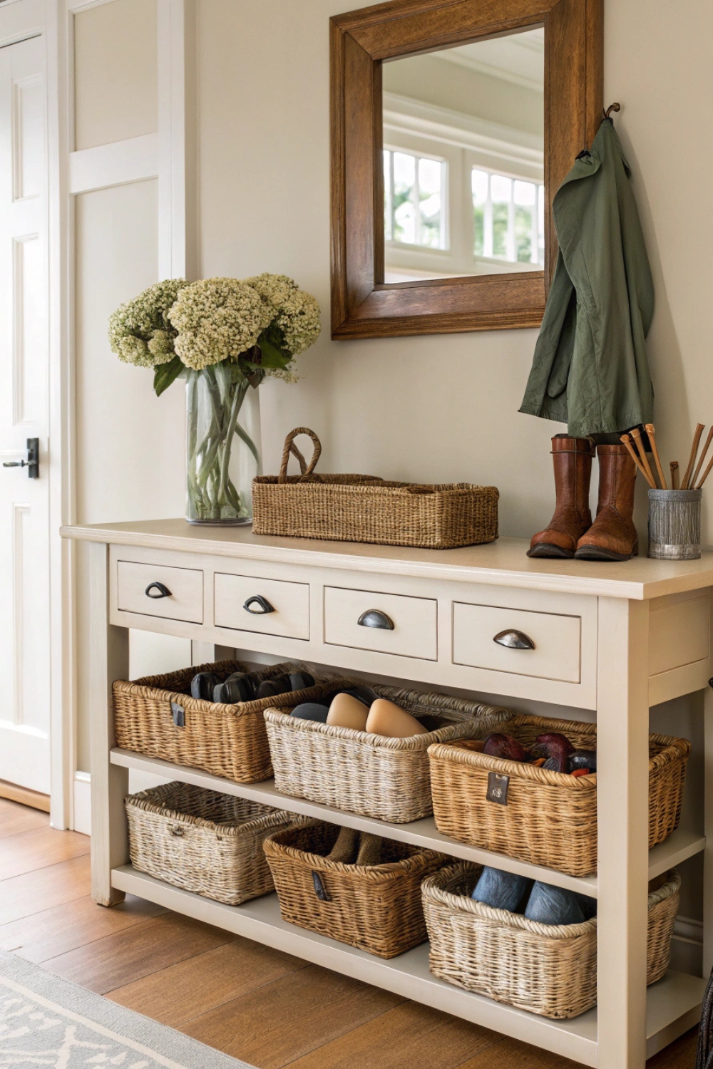 A collection of charming woven baskets neatly tucked under a console table, providing both beauty and function for storing shoes, keys, or umbrellas.