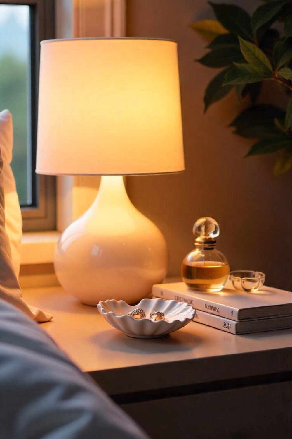Turn your nightstand into pure Pearlcore perfection. A frosted glass lamp with a pearl base emits a soft, warm glow. Beside it, a stack of aesthetic coffee table books with glossy covers adds an elegant touch. A small oyster shell dish holds pearl earrings and dainty rings, while a crystal perfume bottle shimmers in the light. Every detail feels intentional, delicate, and luxurious.