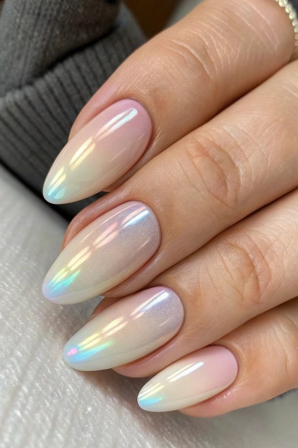 Nude & Iridescent Pearl Fade spring nails