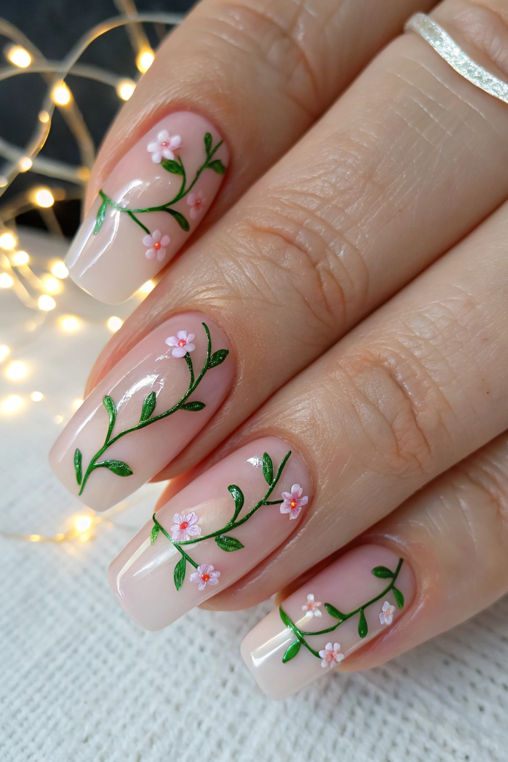 A clear or sheer pink base with thin, winding green vines stretching across each nail, with tiny pink and white buds blooming along the way.