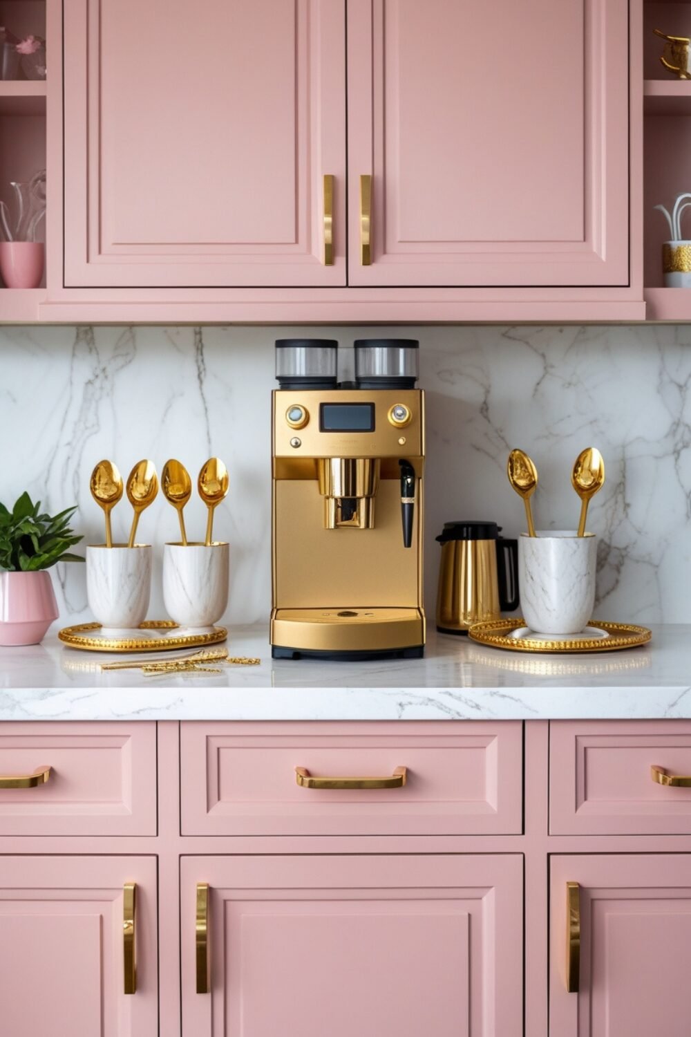 Your coffee bar is framed by blush pink cabinets with sleek gold handles, adding a soft yet glamorous touch to your space. The countertops are white marble or quartz, creating a stunning contrast against the pastel pink tones. A gold coffee machine sits elegantly in the center, surrounded by matching gold spoons, stirrers, and trays for a perfectly polished look.