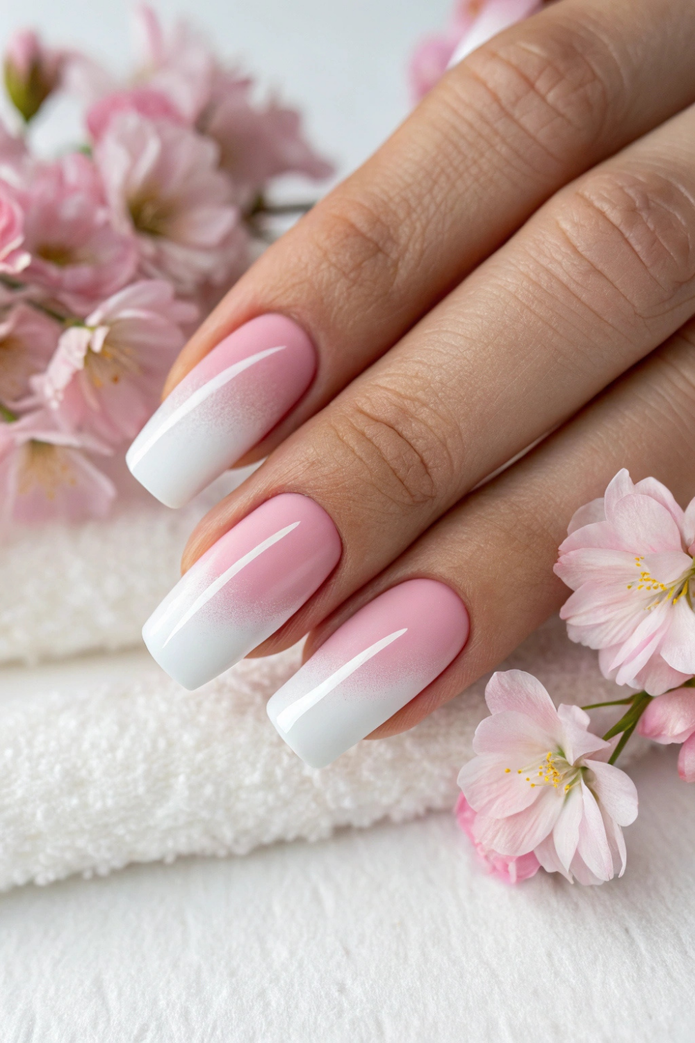 A soft pink fade into white creates the perfect romantic, airy look that screams spring freshness for your spring nails