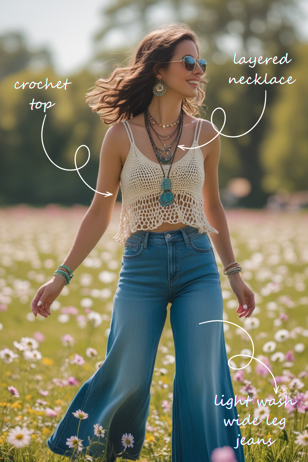 The music is playing, the sun is shining, and you're twirling in a flower-filled field (or just the local park – a girl can dream!). Your wide-leg jeans have that perfect lived-in feel, while your crochet top and layered necklaces channel those 70s vibes we all love. This outfit says "I'm carefree and creative" in the best possible way!