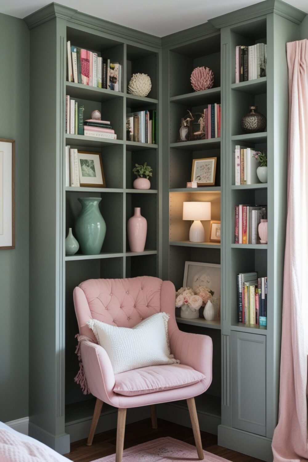 You can have a tall, freestanding bookshelf that acts as a subtle divider, separating your reading nook from the rest of your bedroom. From one side, it looks like a stylish bookshelf filled with carefully curated books, decorative vases, and framed art. But step behind it, and you’ll find a hidden, cozy reading corner complete with a comfortable chair, soft lighting, and a throw blanket ready for those long reading sessions.